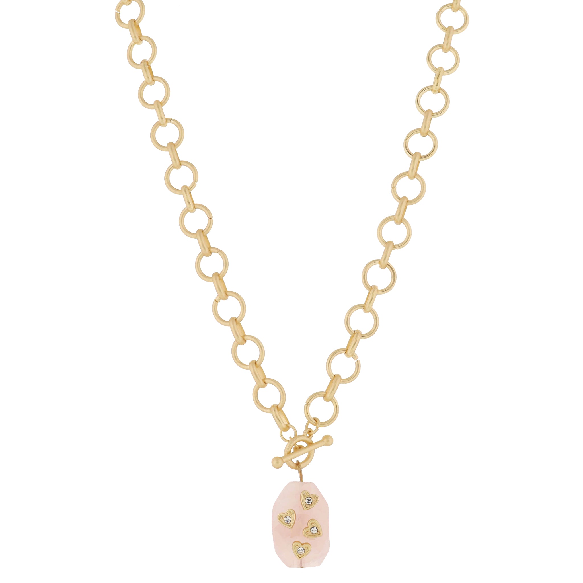 Gold Ball Bar Toggle & Faceted Rose Quartz Stone with Gold & Crystal Hearts Necklace, .85" Penant