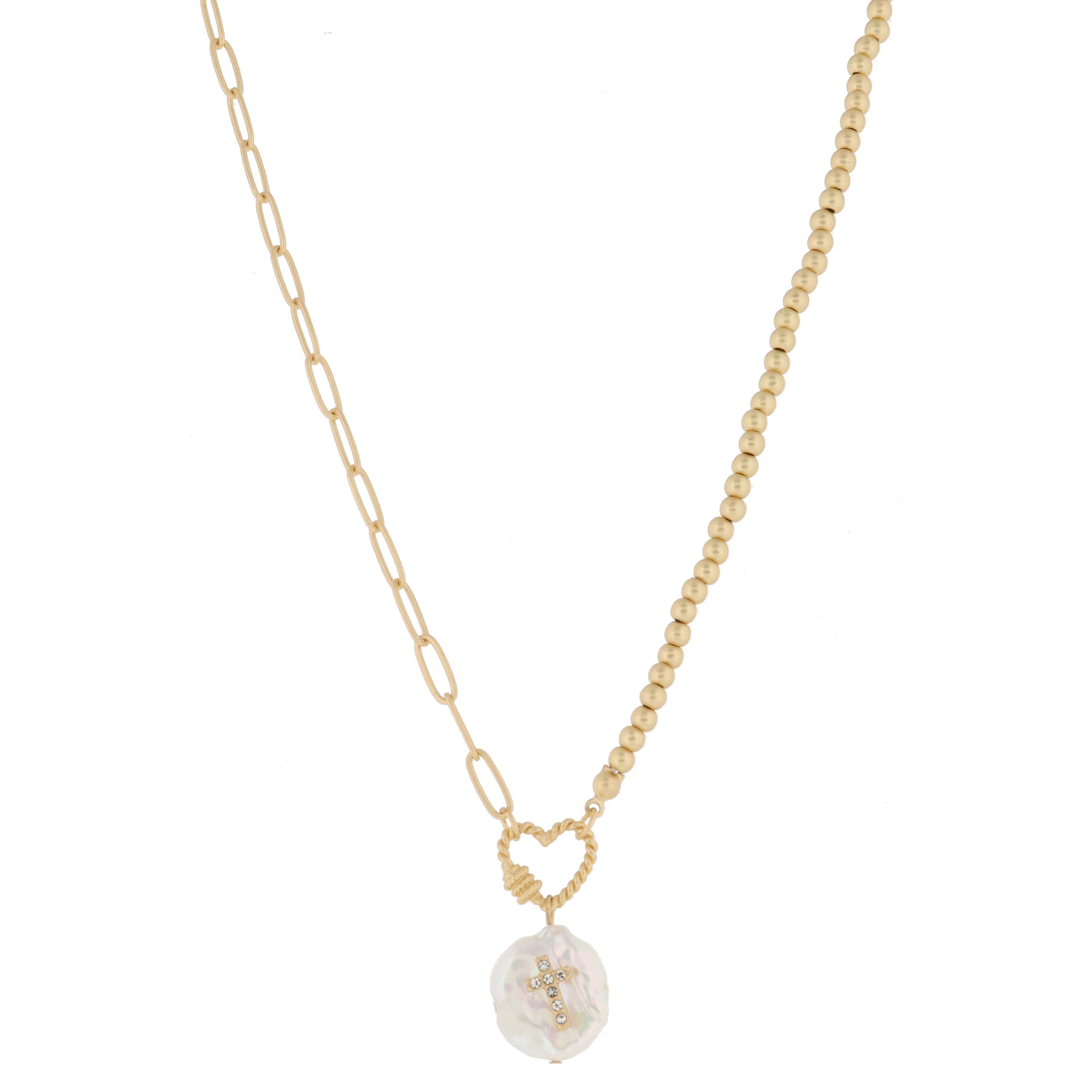 Gold Twist Heart Carabiner and Natural Coin Pearl with Mini Crystal Cross, Necklace, .75" Penant