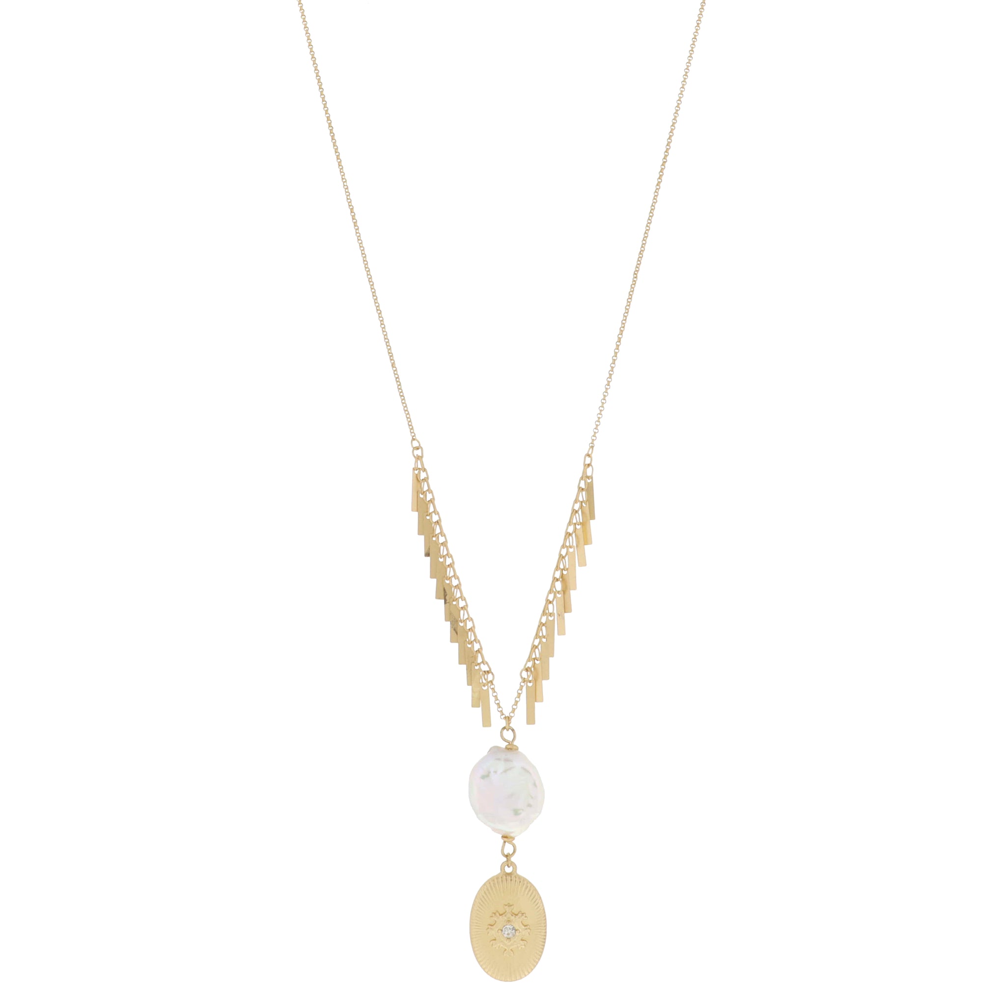Gold Bar Fringe with Chunky Pearl & Gold Oval Pendant, Crystal Center Drop Necklace, 2" Pendants