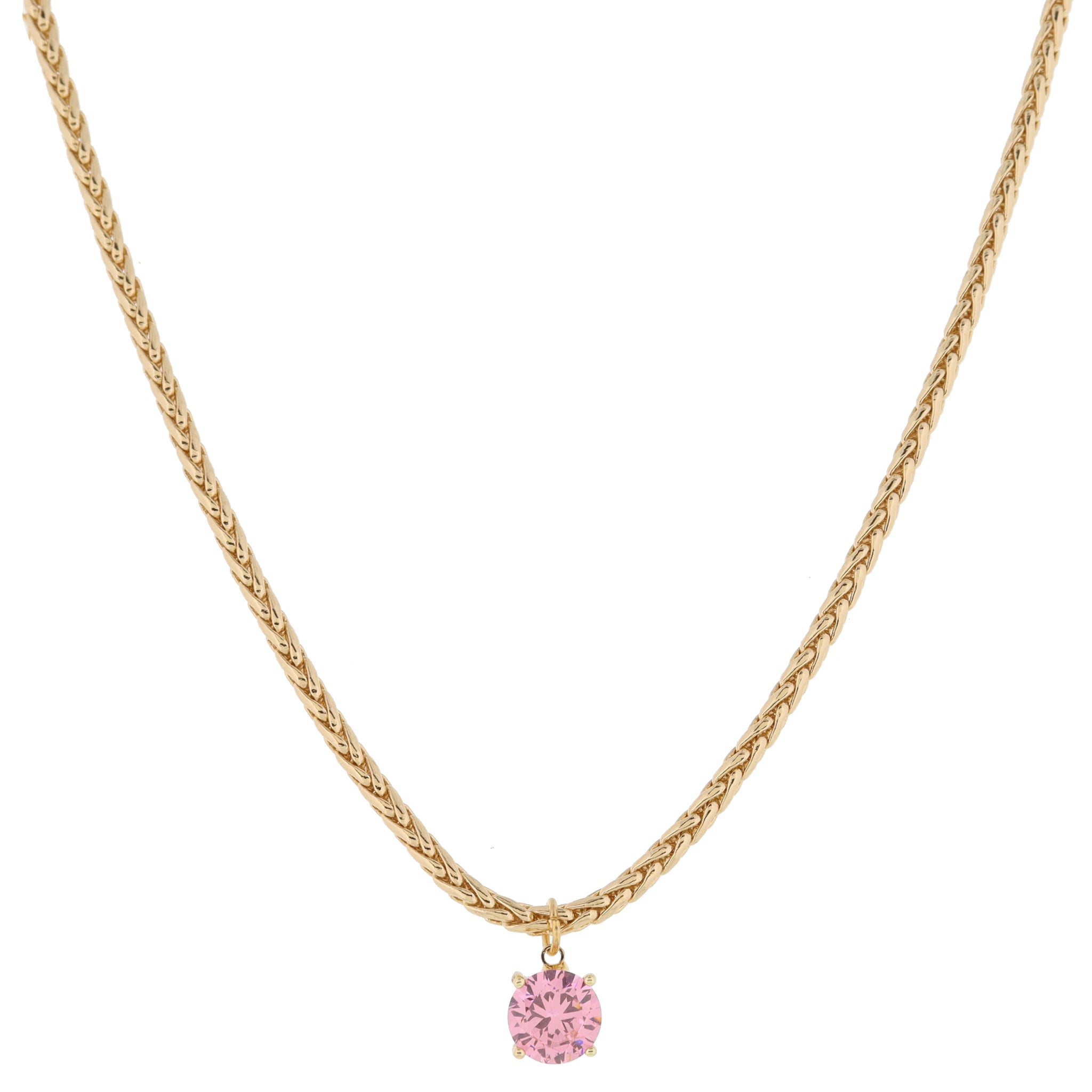 Shiny Gold Wheat Chain with Pink Crystal Drop Necklace, .35" Pendant