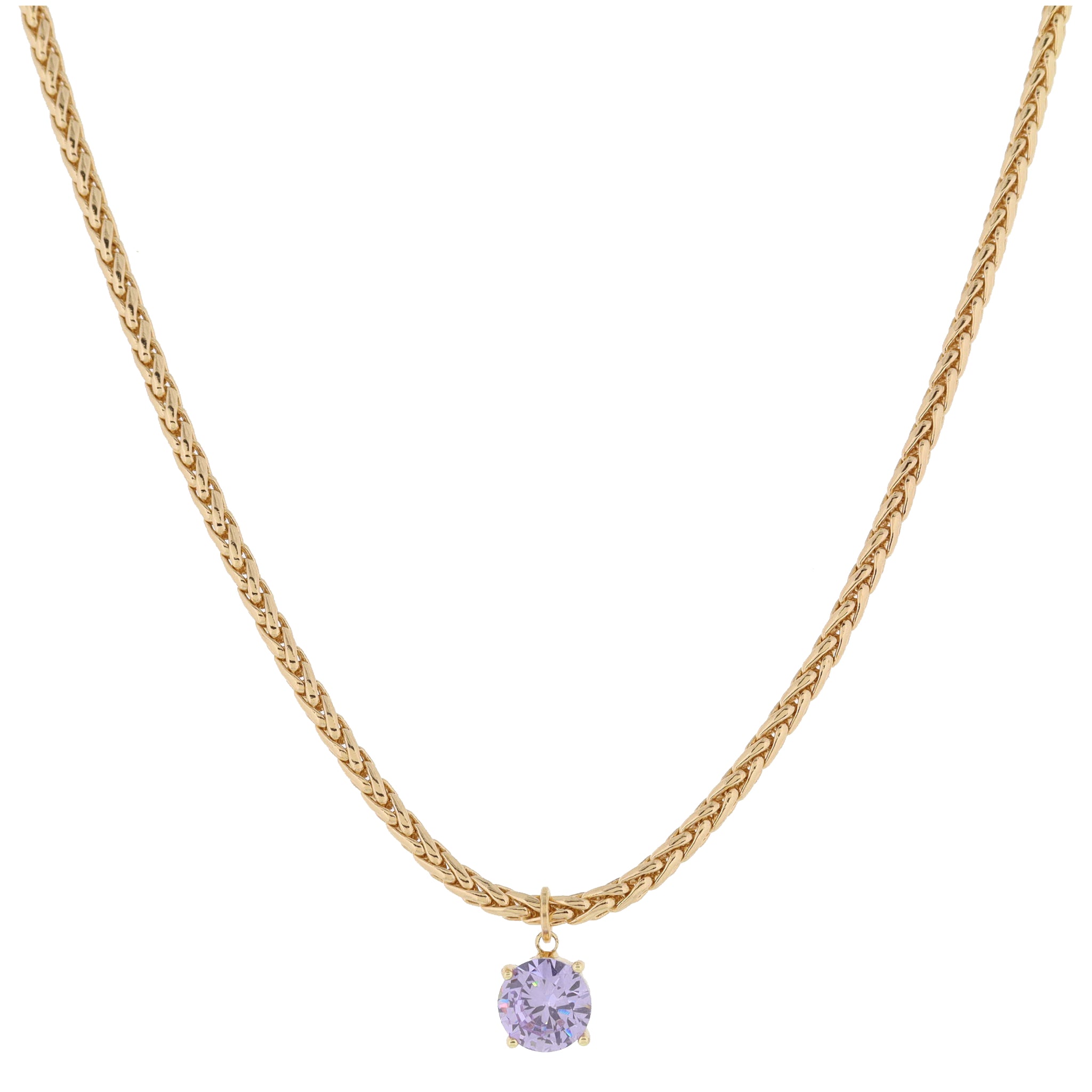 Shiny Gold Wheat Chain with Lavender Crystal Drop Necklace, .35" Pendant