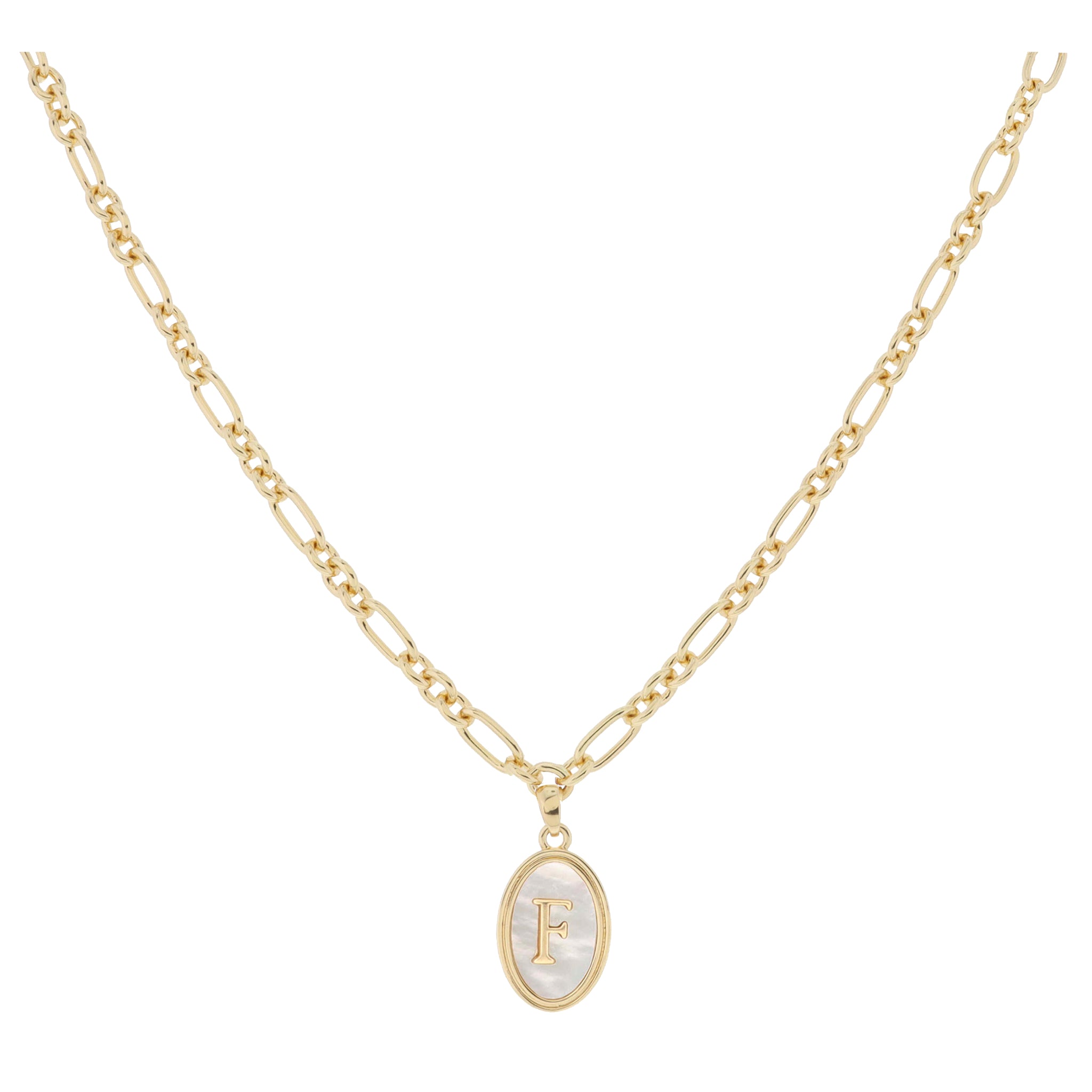 Gold Oval with White Shell Inlay and Gold "F" Initial Center Necklace, .75" Pendant