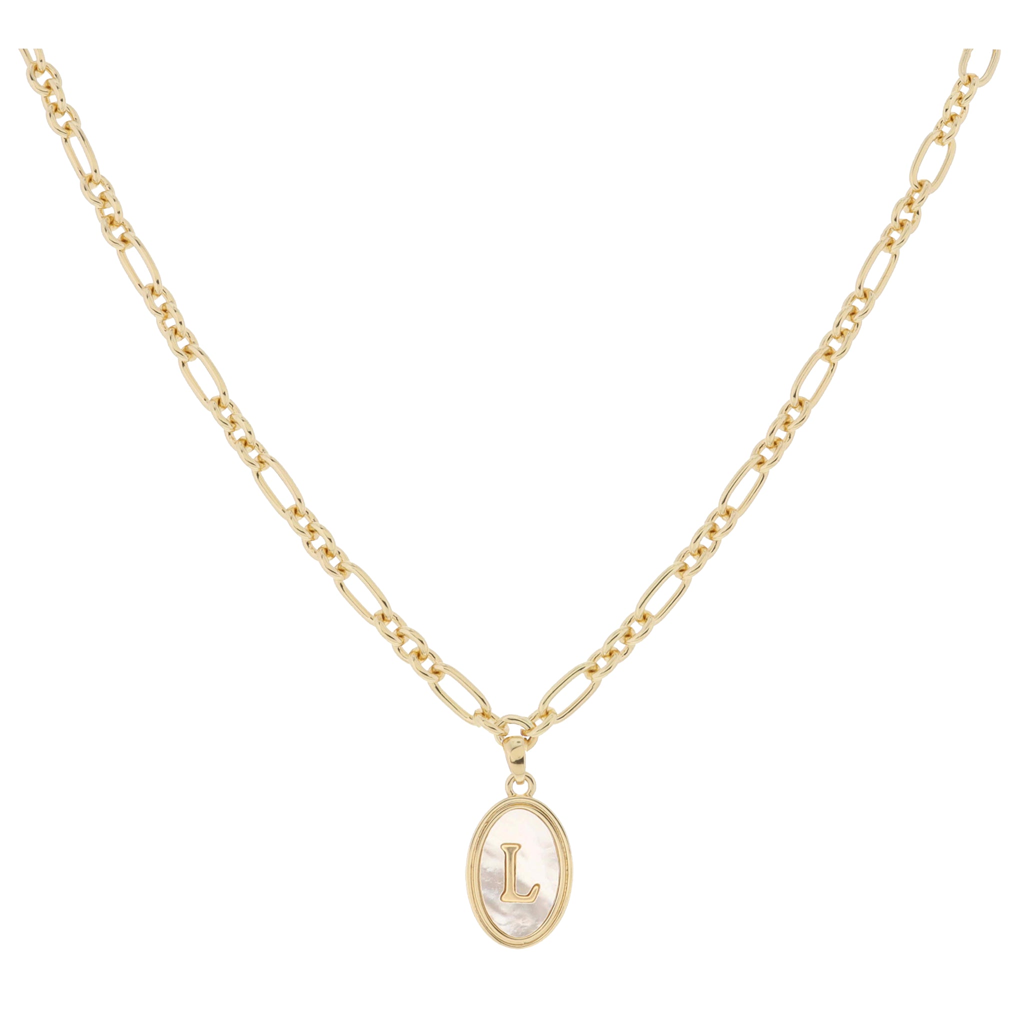 Gold Oval with White Shell Inlay and Gold "L" Initial Center Necklace, .75" Pendant