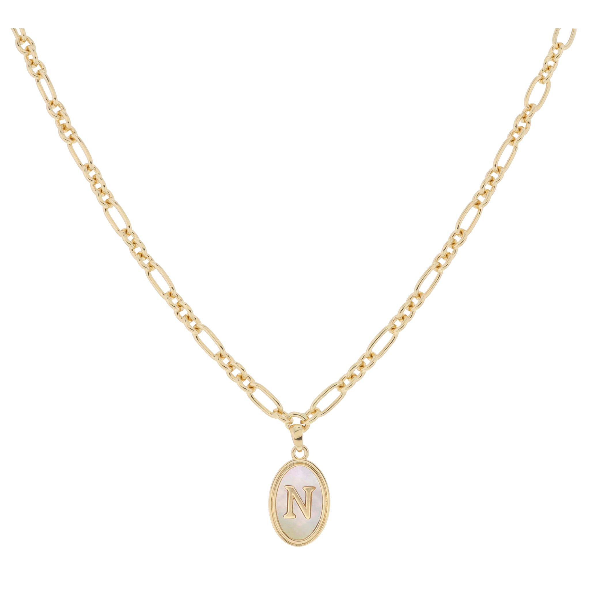 Gold Oval with White Shell Inlay and Gold "N" Initial Center Necklace, .75" Pendant