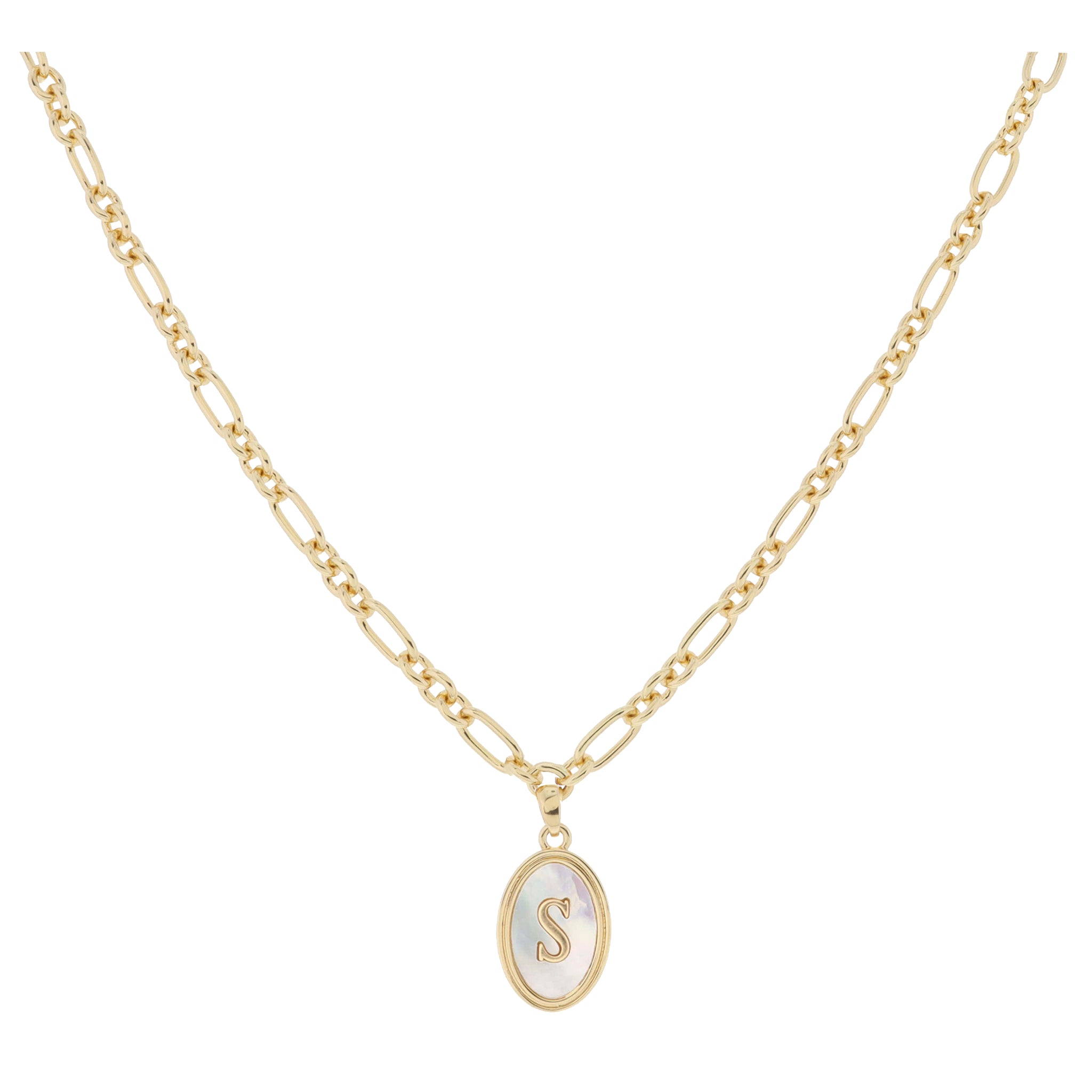 Gold Oval with White Shell Inlay and Gold "S" Initial Center Necklace, .75" Pendant