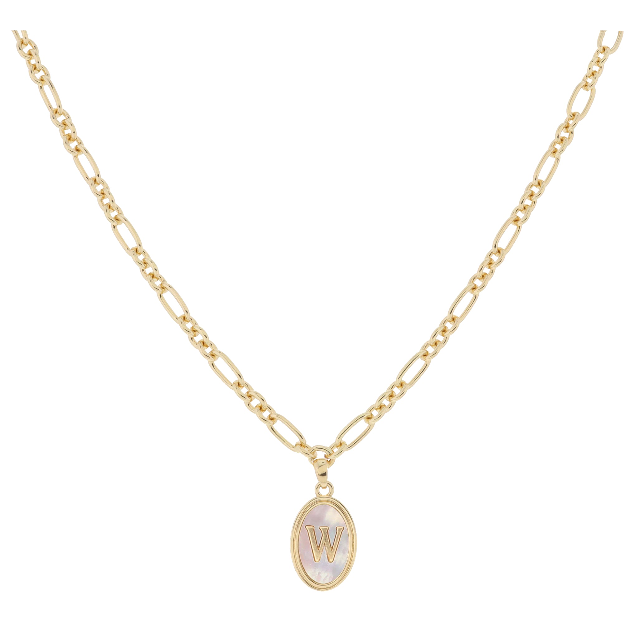 Gold Oval with White Shell Inlay and Gold "W" Initial Center Necklace, .75" Pendant