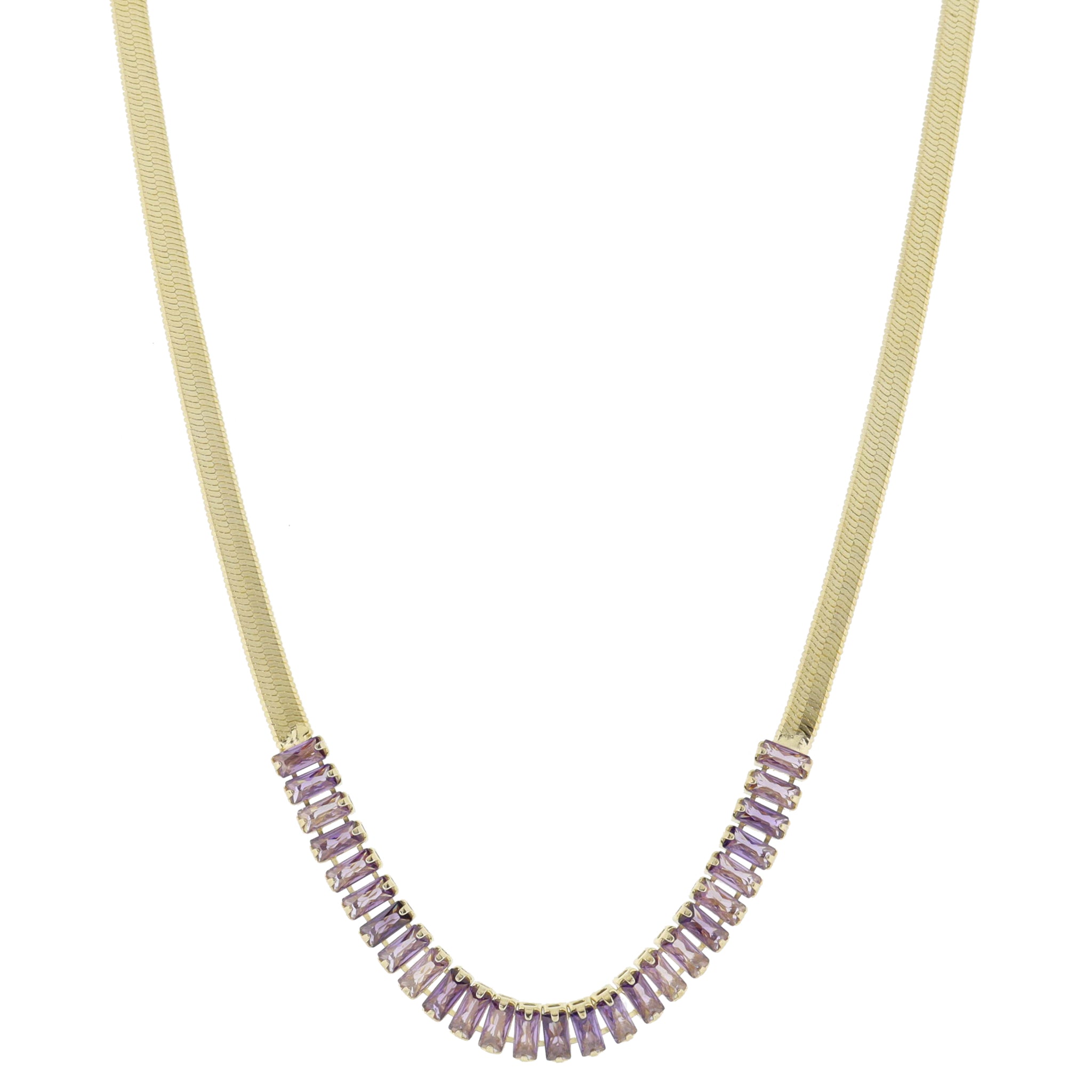 18K Gold Plated Herringbone Chain, Lavender Baguette Cubic Zirconia Crystal Necklace, .25" Pendant