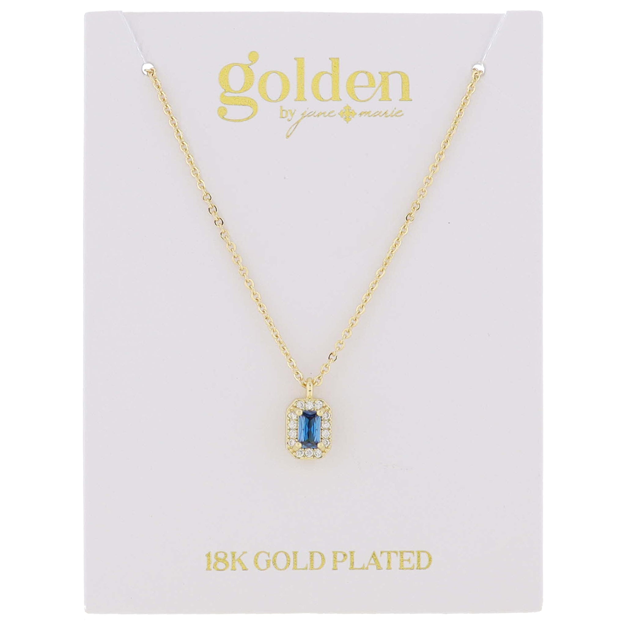 18K Gold Plated Light Sapphire Baguette with Mini Crystal Outline Necklace, .35" Pendant