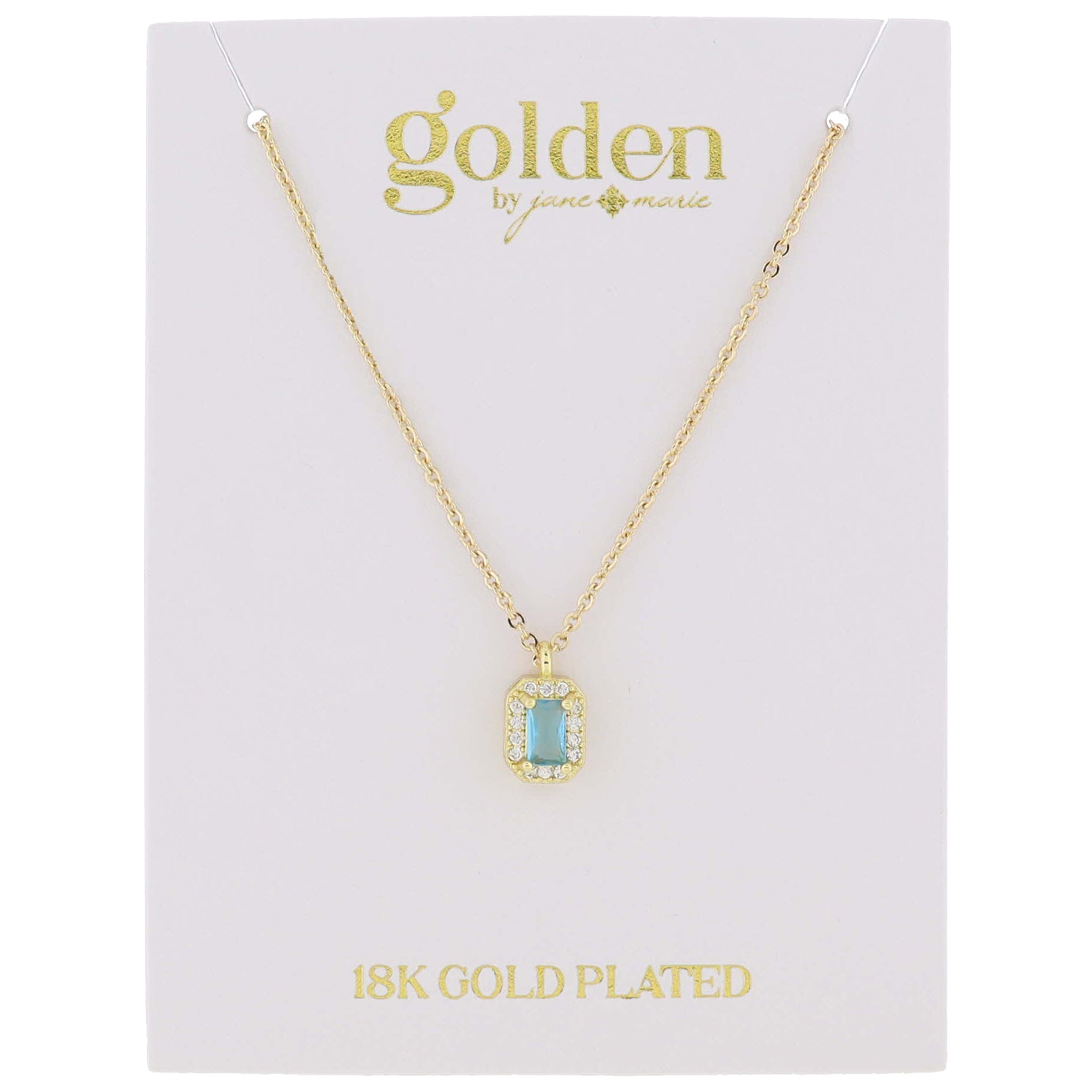 18K Gold Plated Aquamarine Baguette with Mini Crystal Outline Necklace, .35" Pendant