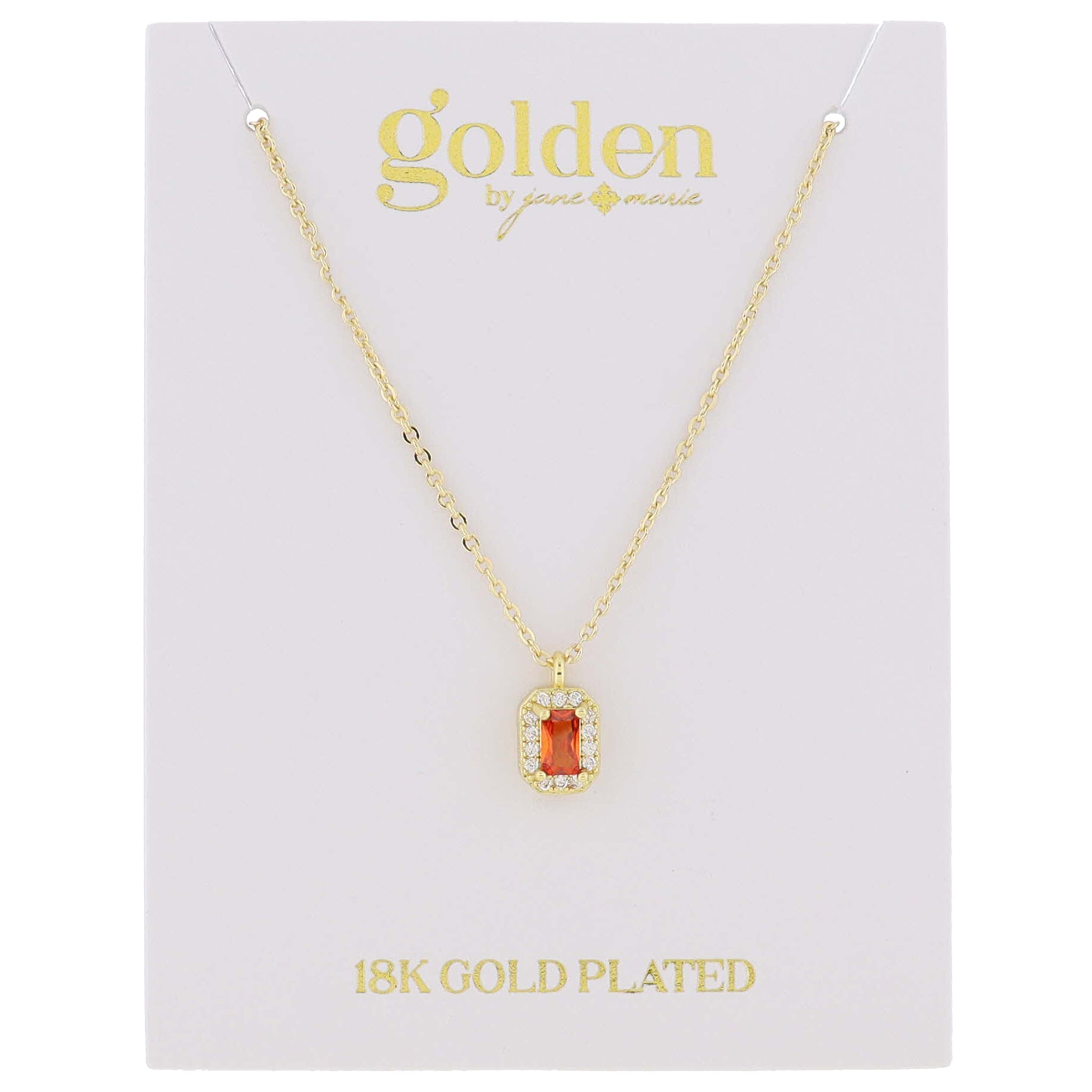 18K Gold Plated Ruby Baguette with Mini Crystal Outline Necklace, .35" Pendant