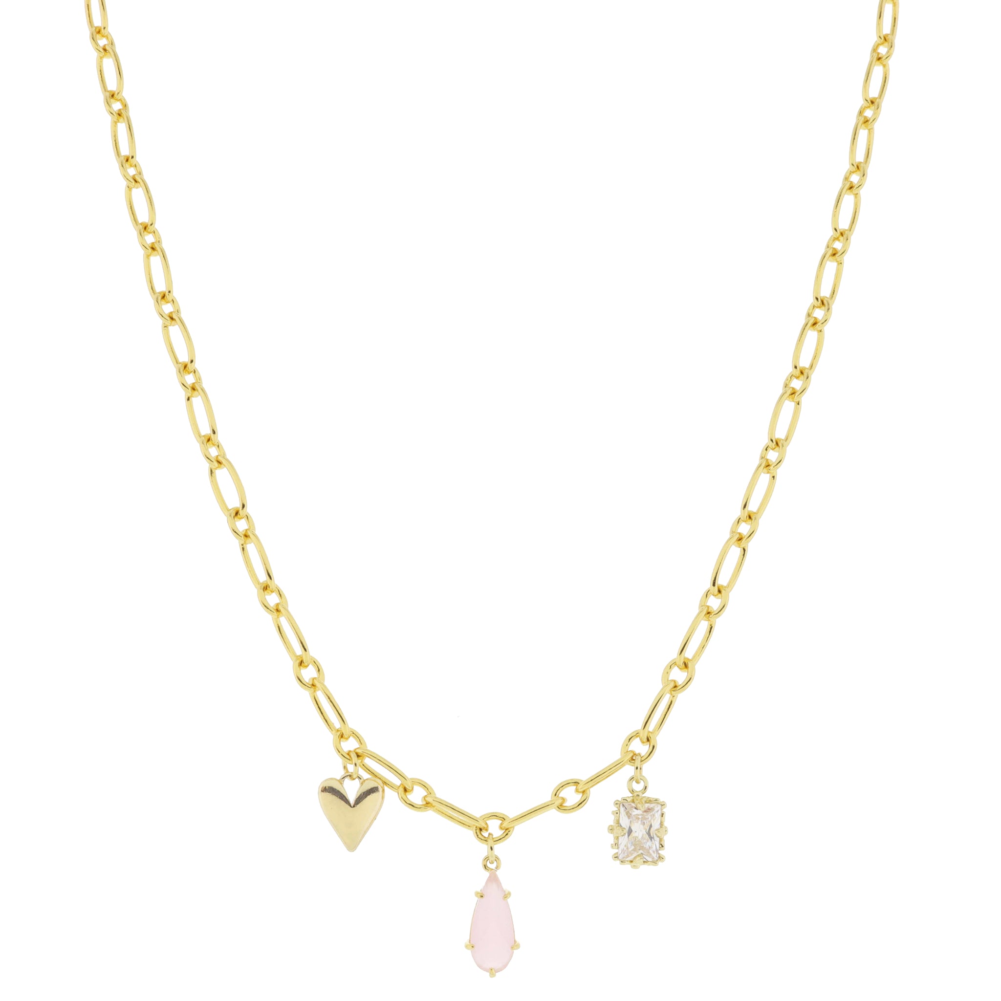 18K Gold Plated Heart, Pink Teardrop, Emerald Crystal Charms Necklace, .5", .5", .35" Pendants