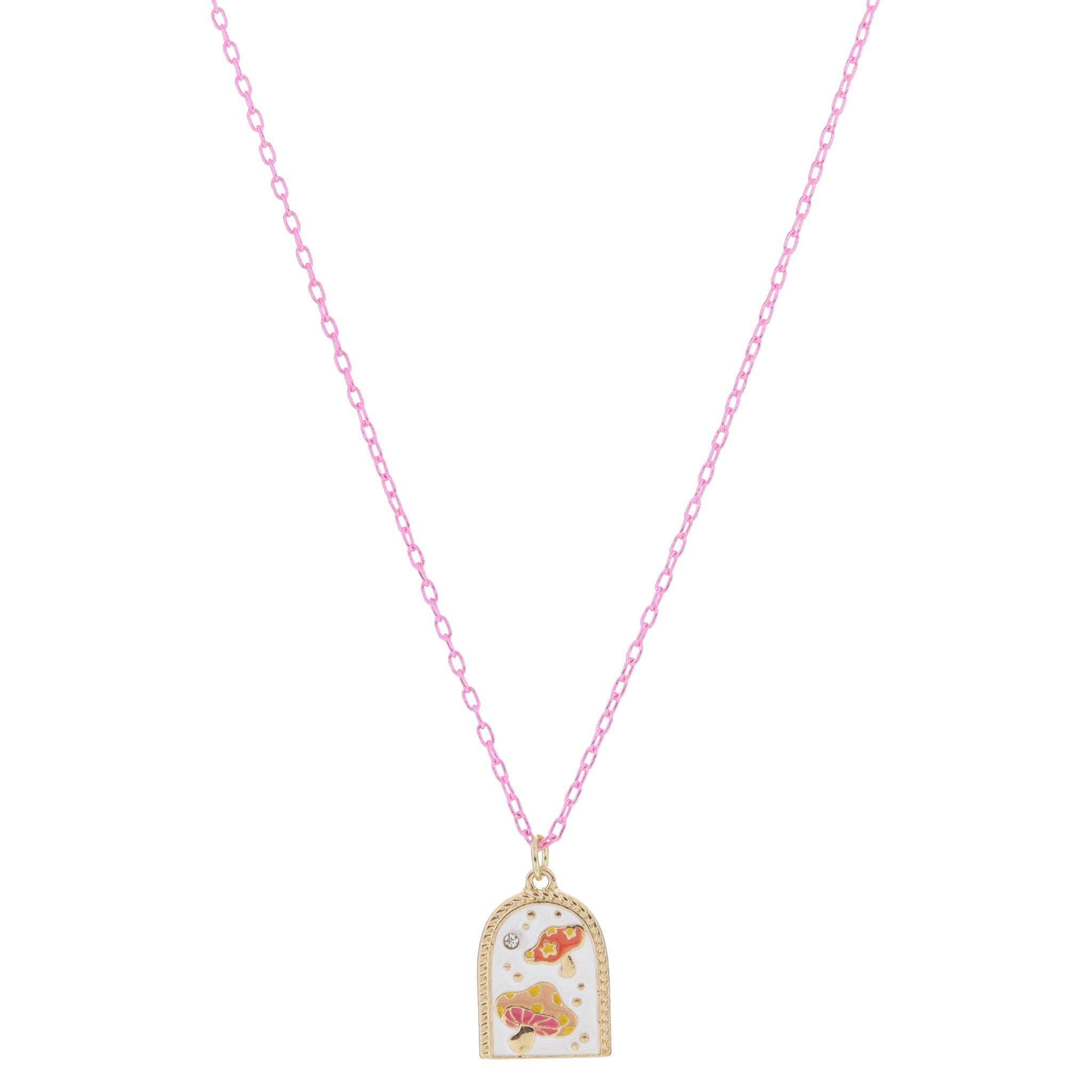 Kids White and Multi Enamel Mushrooms with Mini Crystal Accent Necklace, .65" Pendant