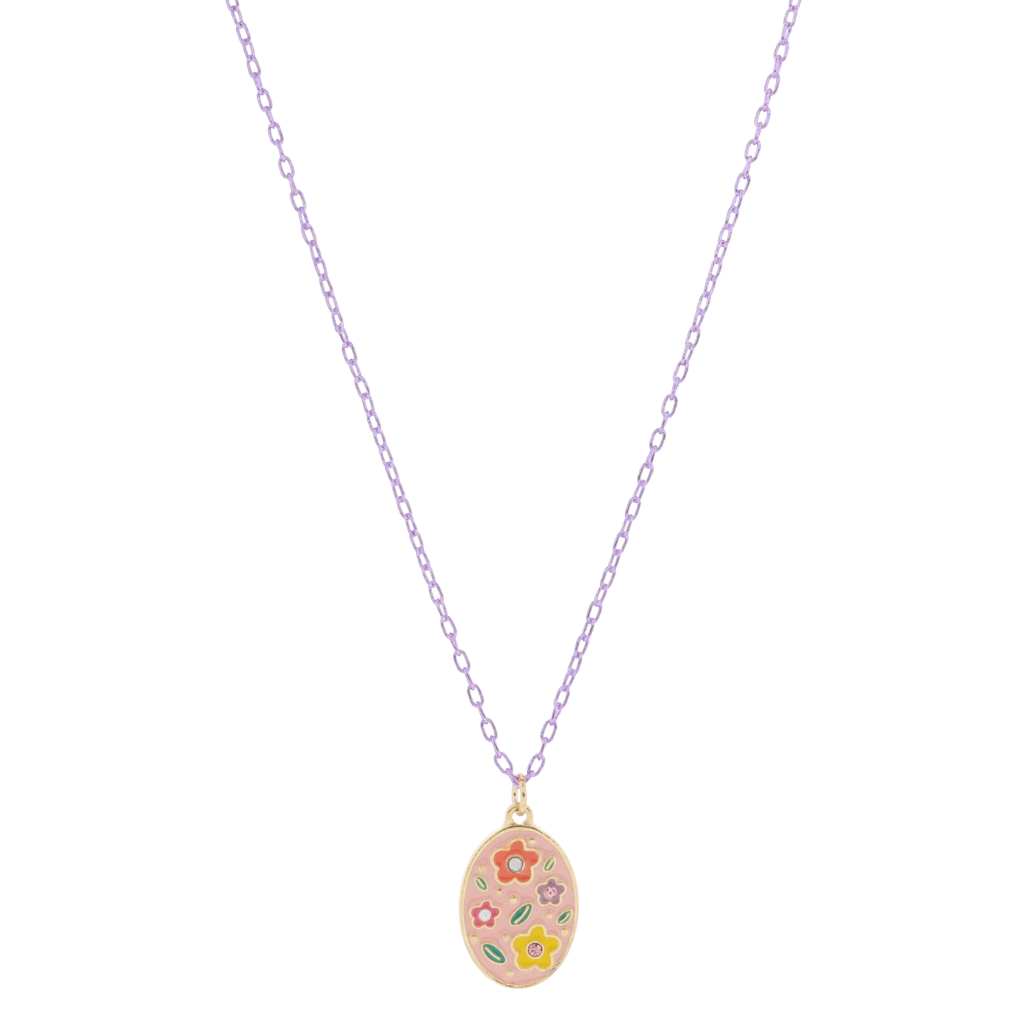 Kids Light Pink & Multi Enamel Flowers with Pink & Moonstone Crystal Accents Necklace, .65" Pendant