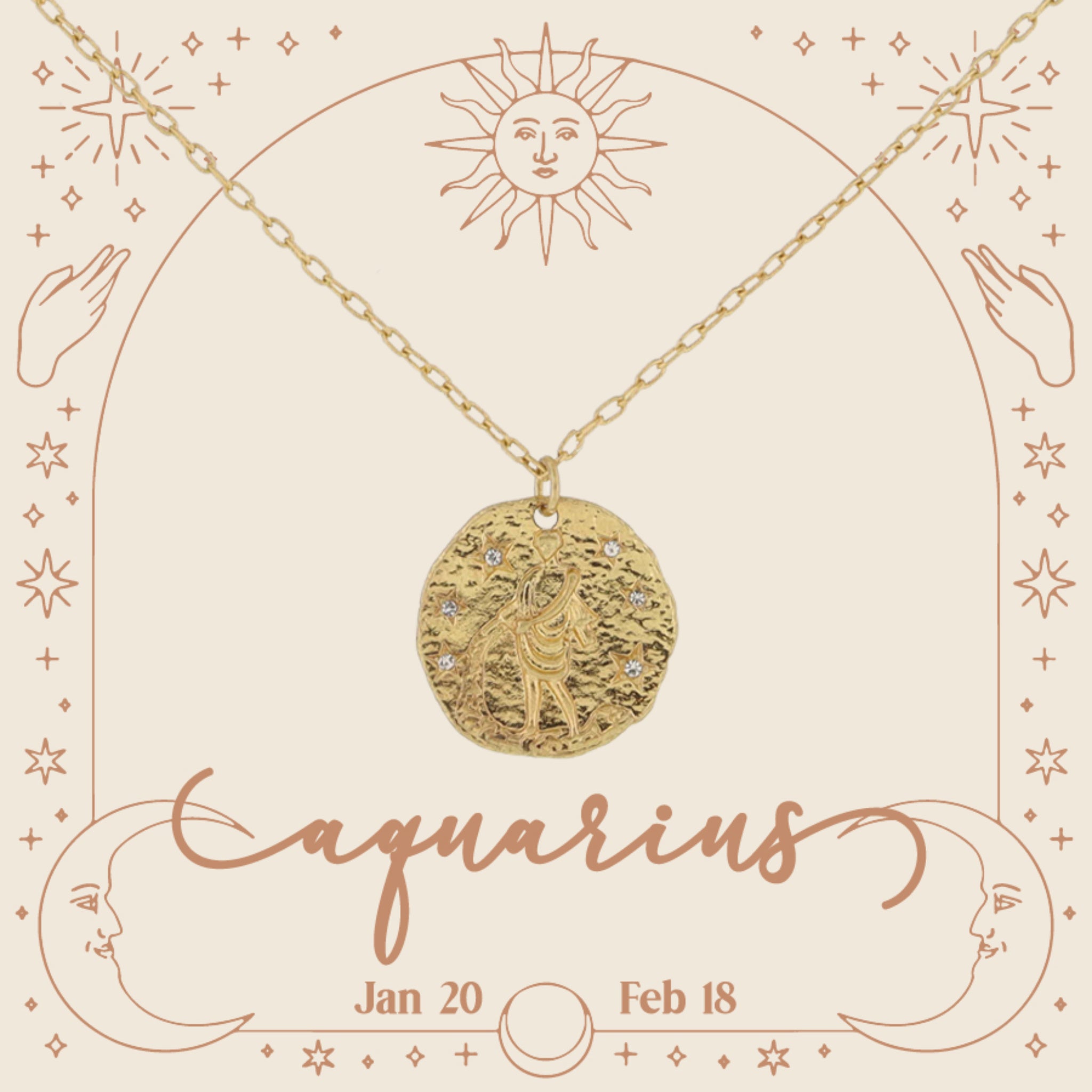 Gold Aquarius Zodiac Disc with Mini Crystal Star Accents Necklace, .75" Pendant