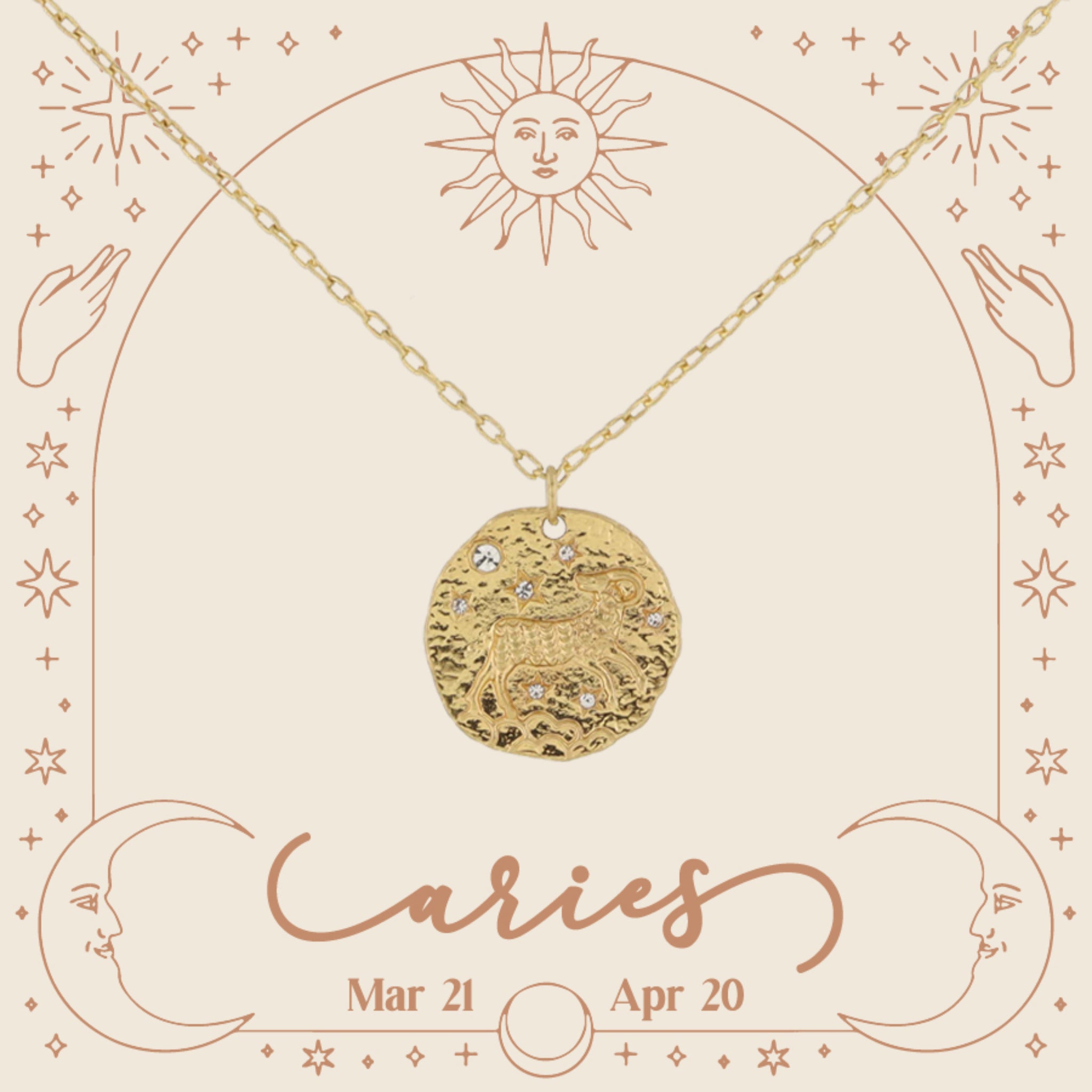 Gold Aries Zodiac Disc with Mini Crystal Star Accents Necklace, .75" Pendant