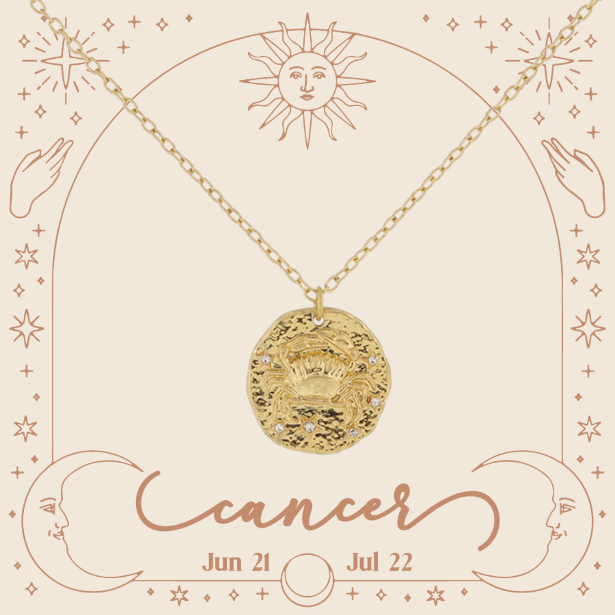 Gold Cancer Zodiac Disc with Mini Crystal Star Accents Necklace, .75" Pendant
