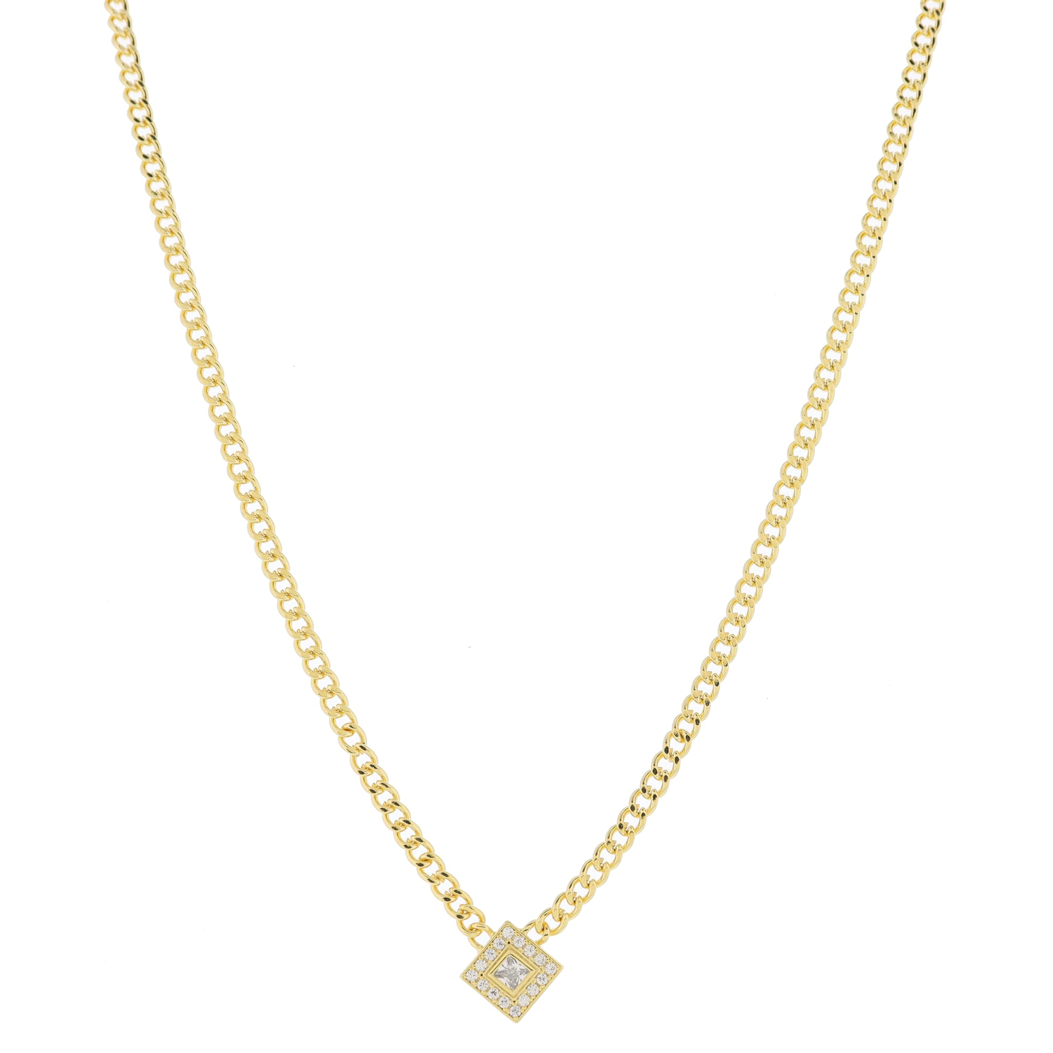 Gold Curb Chain with Square Diamond Crystal with Mini Crystal Pave Outline Necklace, .5" Pendant