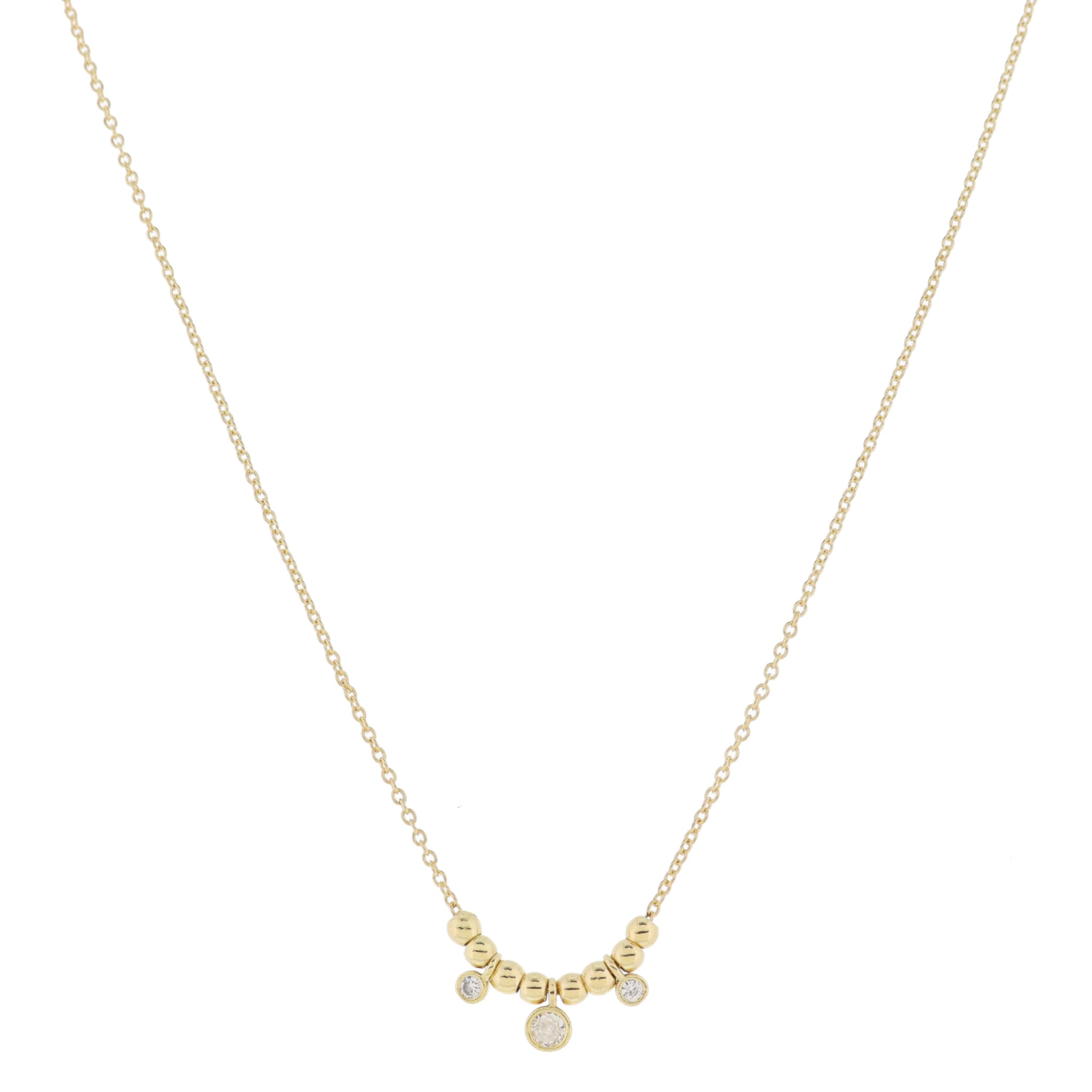Gold Chain and Mini Gold Ball Beads with Multi Clear Crystals Necklace, .15", .2", .15" Pendant