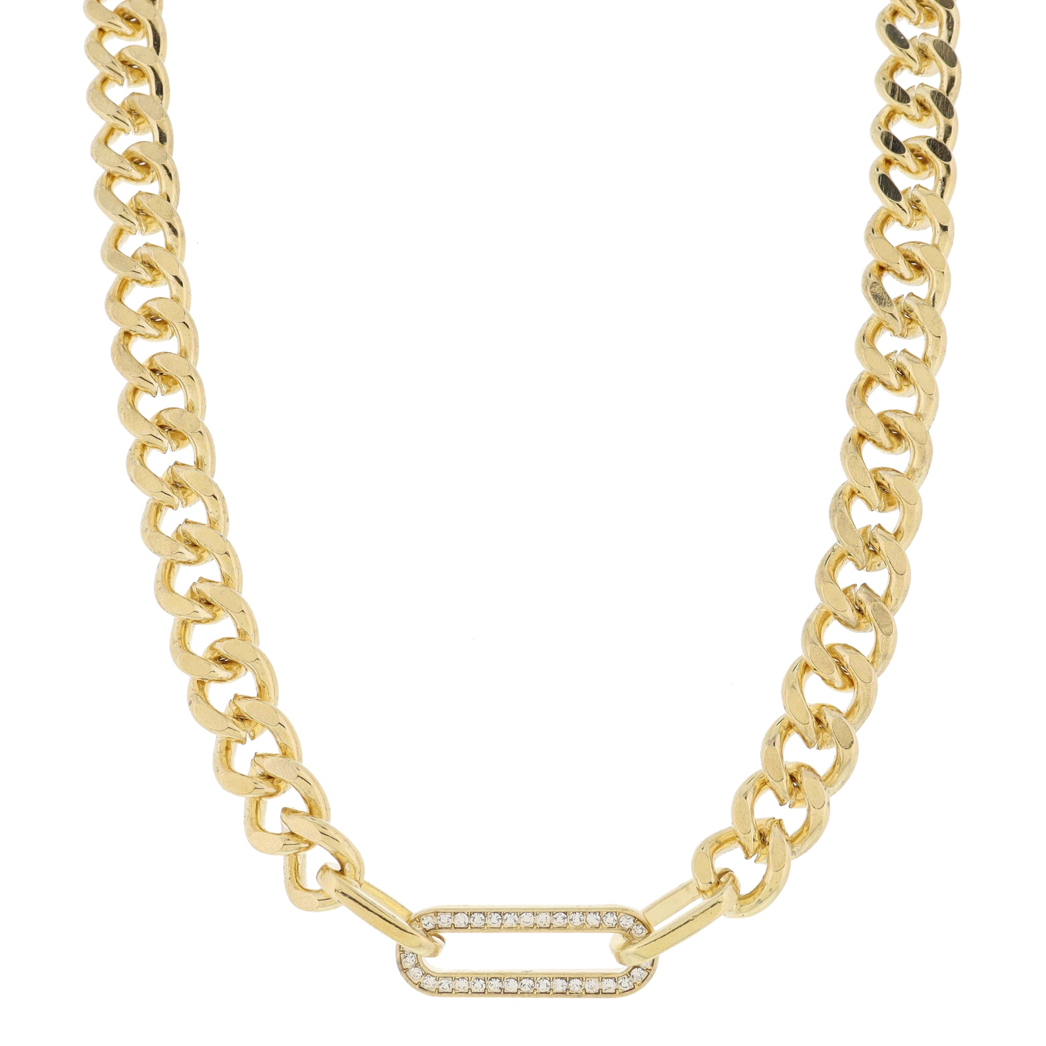 Chunky Gold Curb Chain with Oval Links and Crystal Pave Paperclip Link Necklace, .5" Pendant