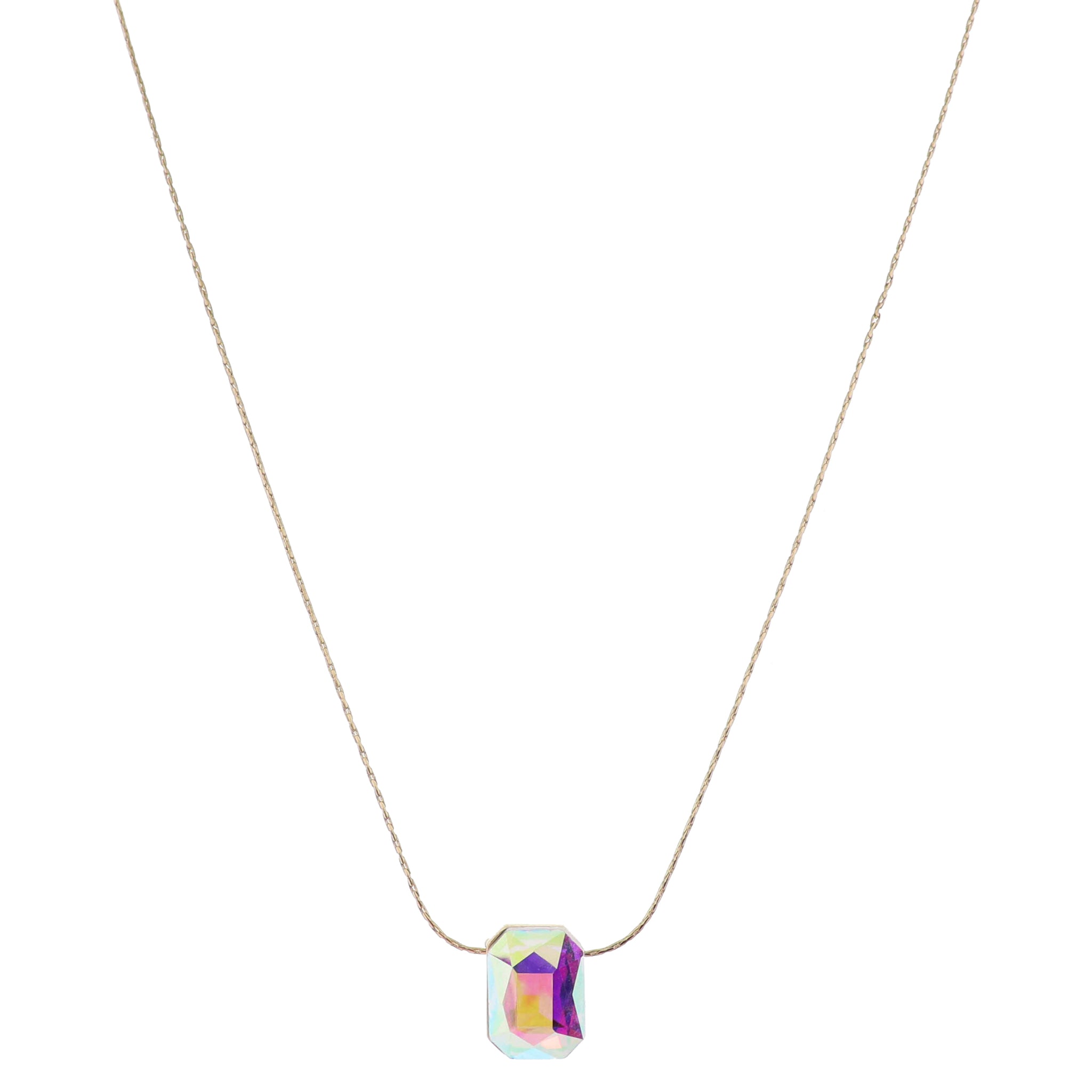 Cut Corner Rectangle AB Crystal Necklace, .65"