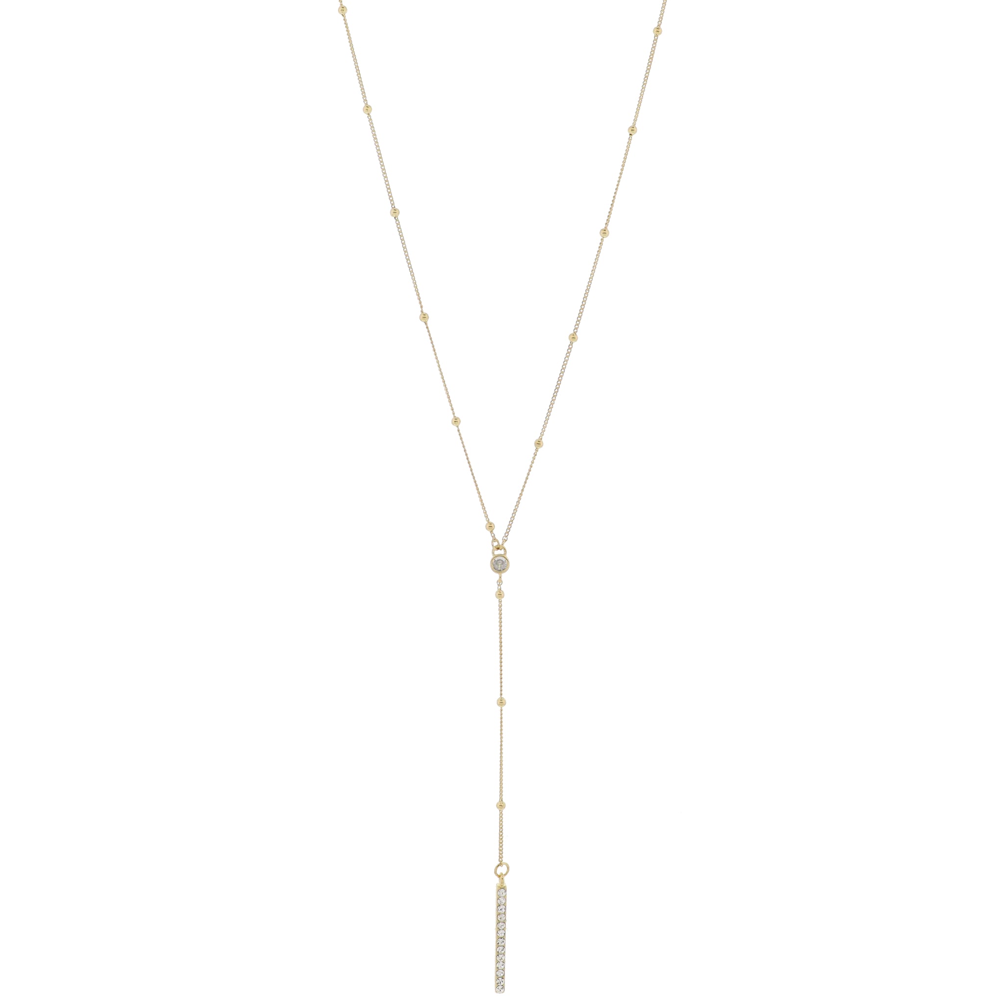 Adj. Gold Satellite Chain with Gold Crystal and Crystal Bar Lariat Drop Necklace, 3.75" Pendant