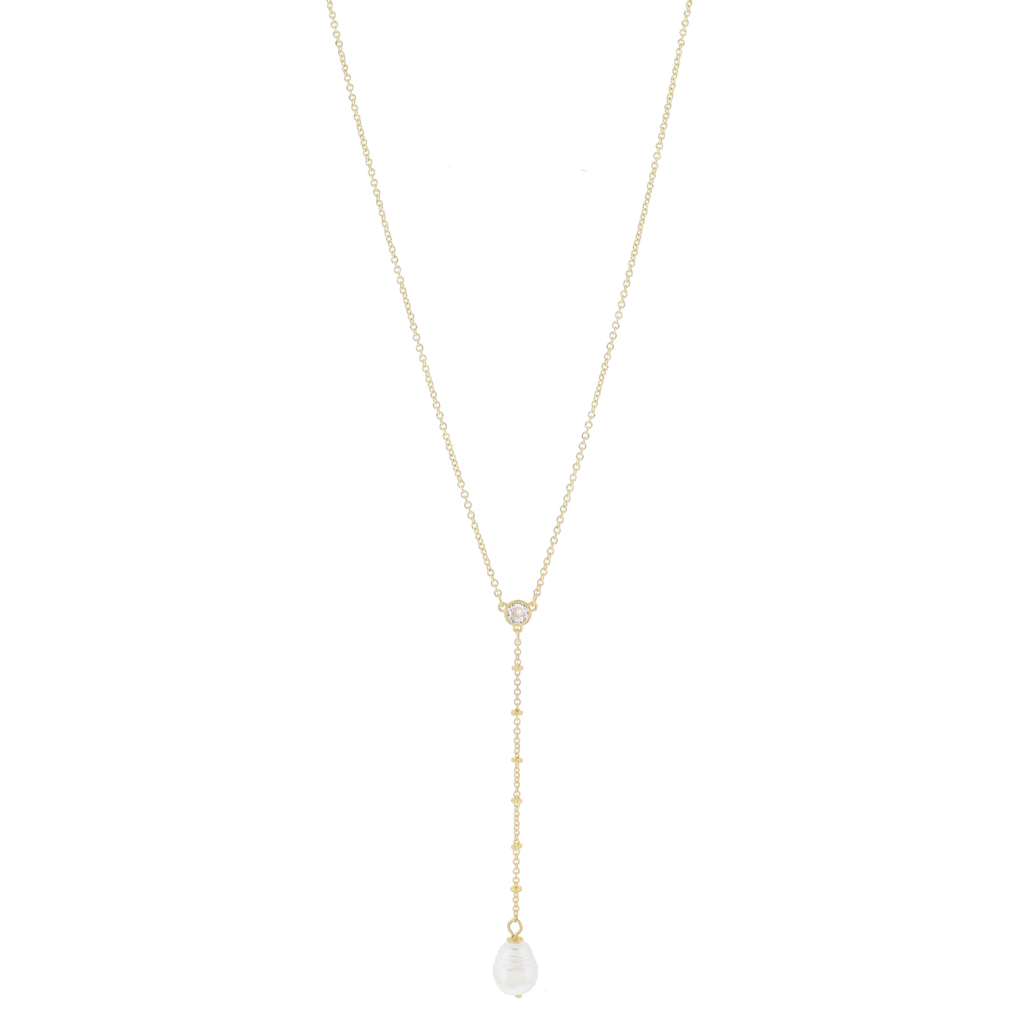 Adj. Clear Crystal with Gold Satellite Chain and Pearl Lariat Drop Necklace, 2.75" Pendant