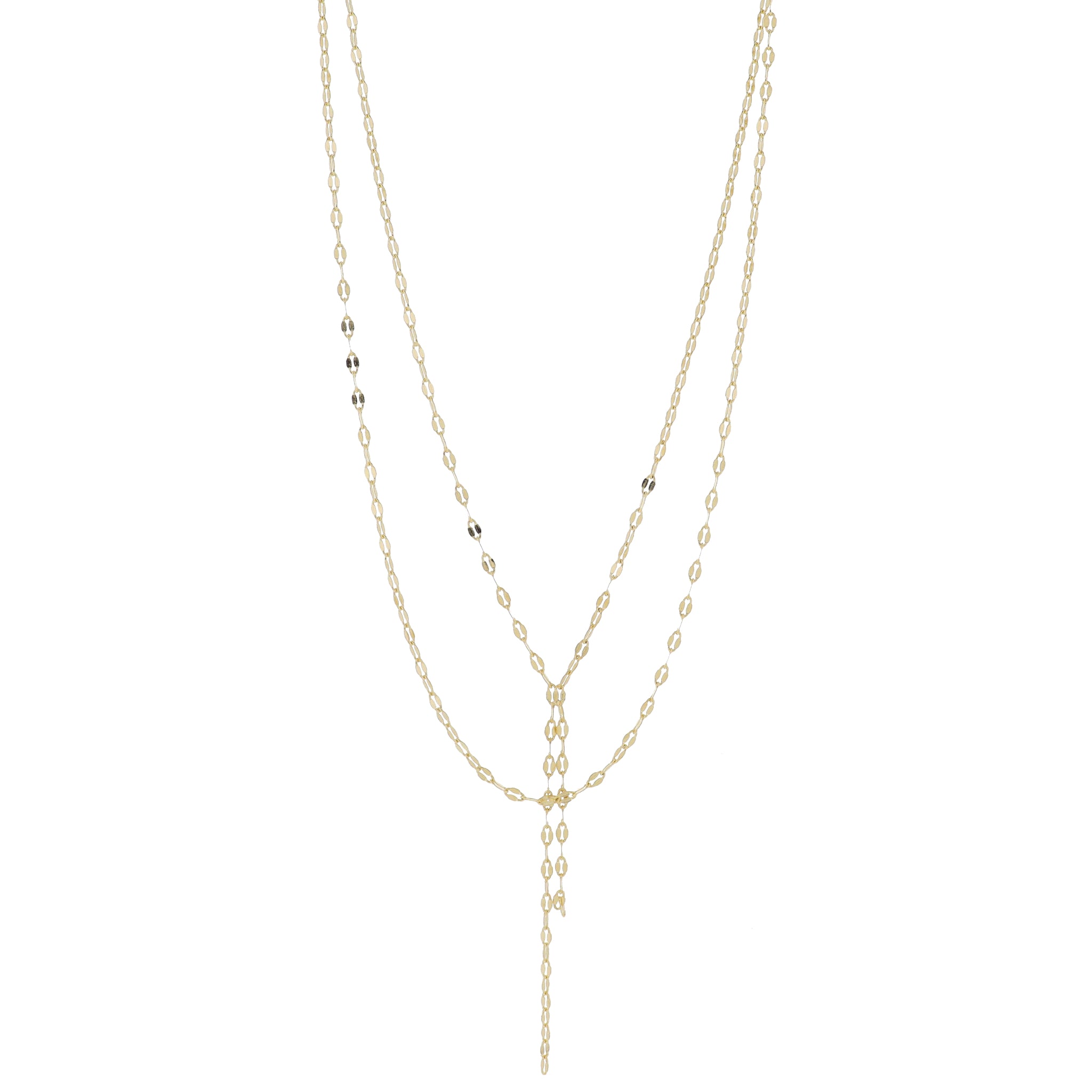 Adj. 2 Strand Layered Gold Pressed Chains with Double Chain Lariats Necklace, 1.5", 2.5" Pendant