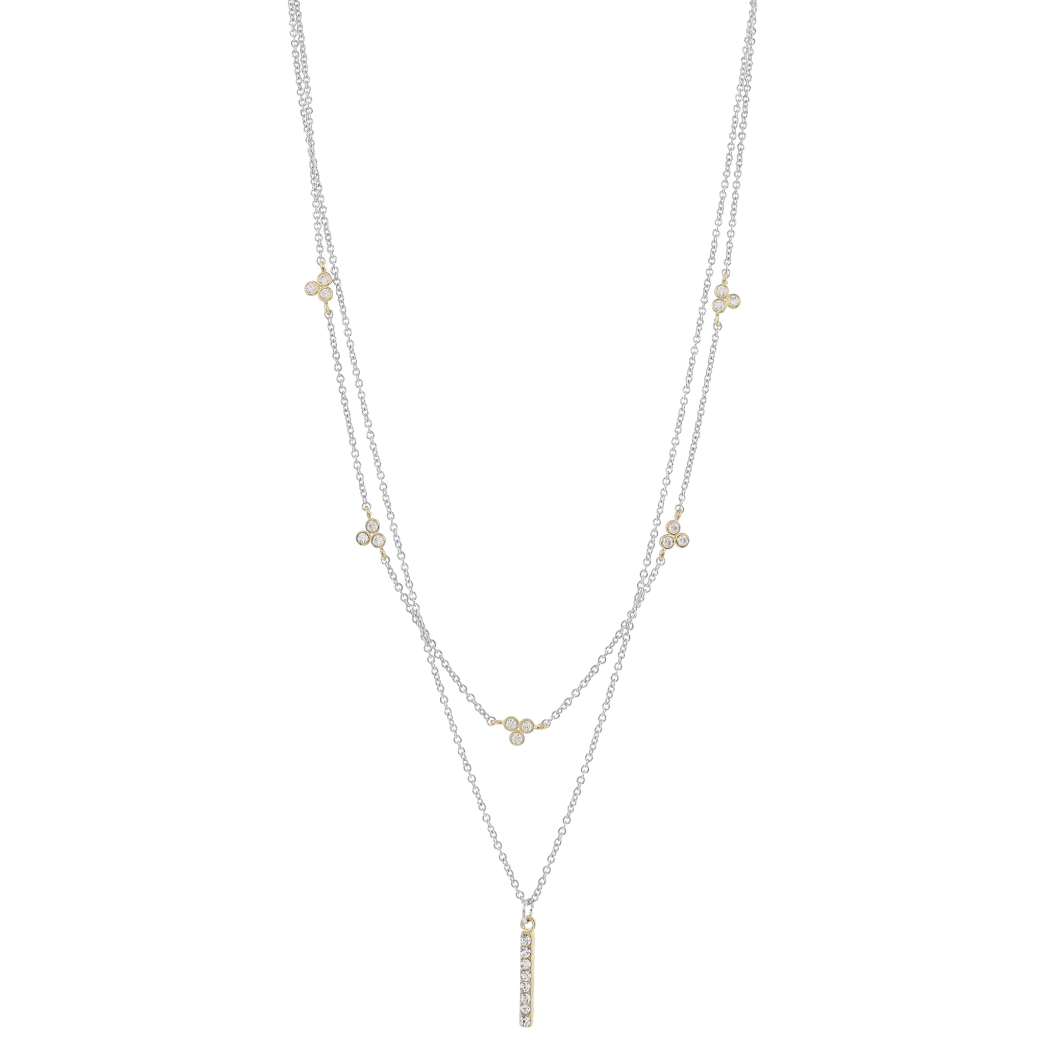Adj. 2 Strand Layered Silver Chains & Crystal Trios, Gold Crystal Bar Necklace, .25", .75" Pendant
