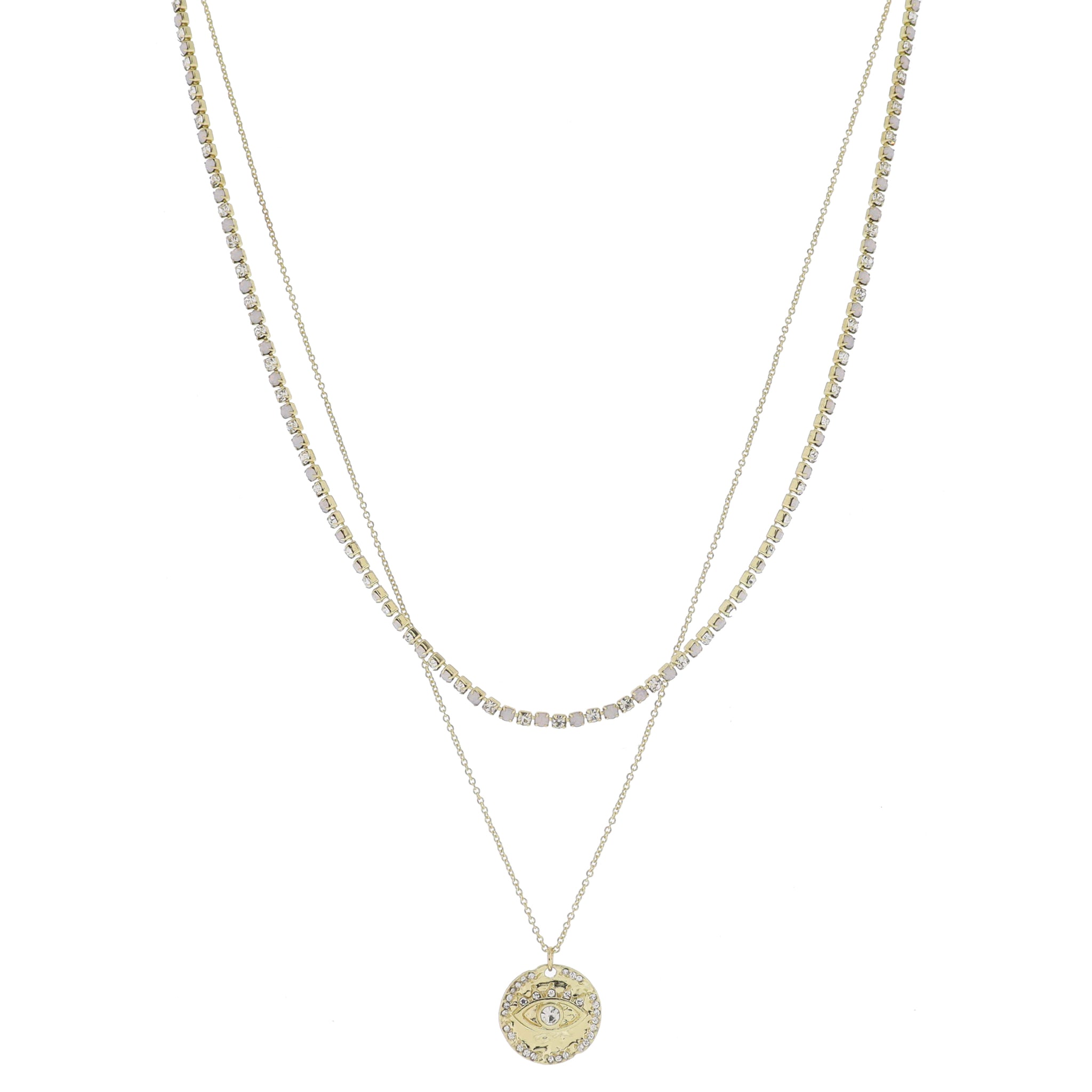 15", 17" 2 Strand, Moonstone & Crystal Tennis, Gold Chain & Evil Eye Disc Necklace, .65" Pendant