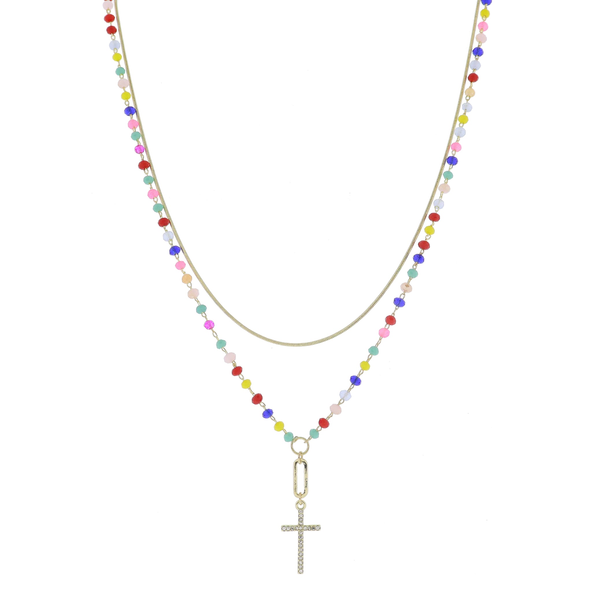 15", 17" 2 Strand, Gold Chain, Faceted Chain with Y-Drop Paperclip & Cross Necklace, 1.25" Pendant