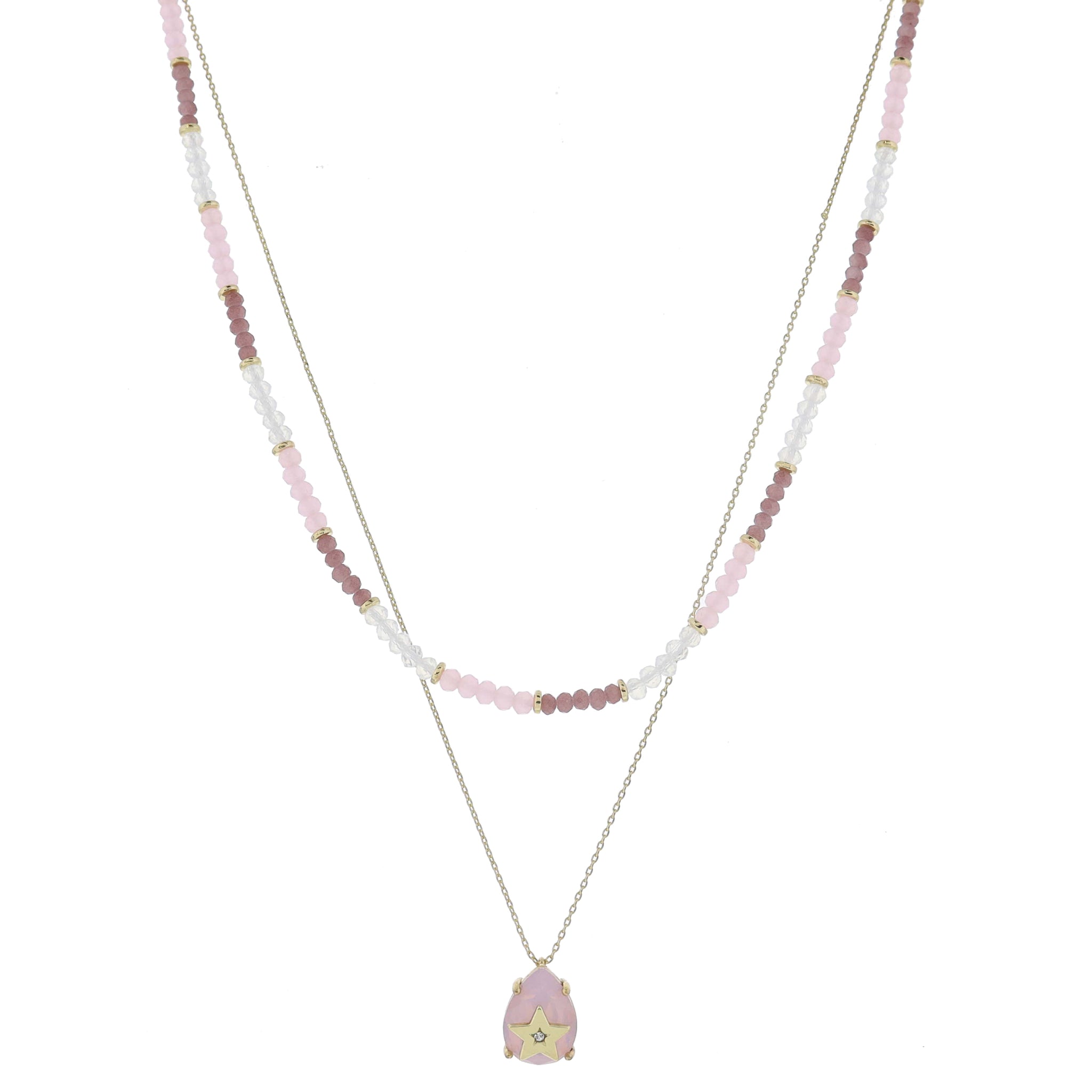 15", 17" 2 Strand, Colorblock Pink & Moonstone Beaded, Chain, Teardrop, Star Necklace, .65" Pendant