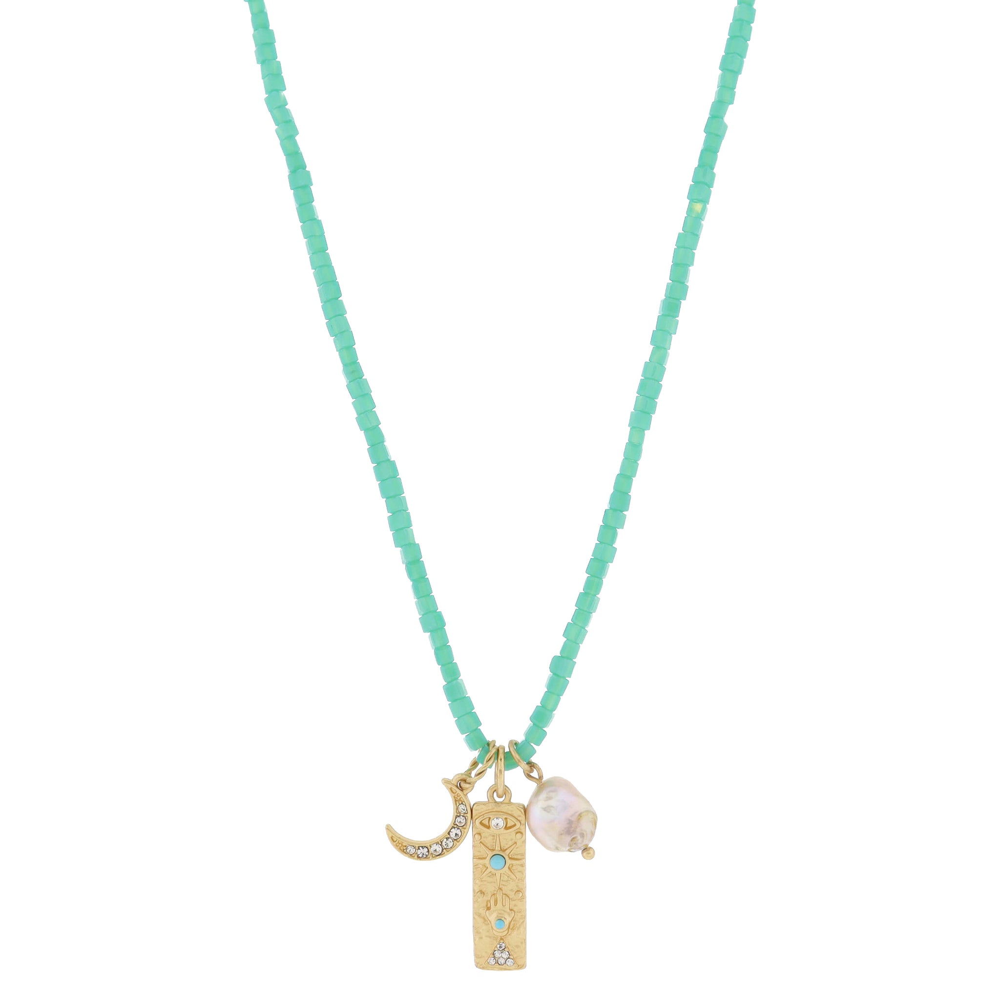 16" Turquoise Beaded & Crystal Moon, Grey Pearl Necklace, .5", .85", .35" Pendant