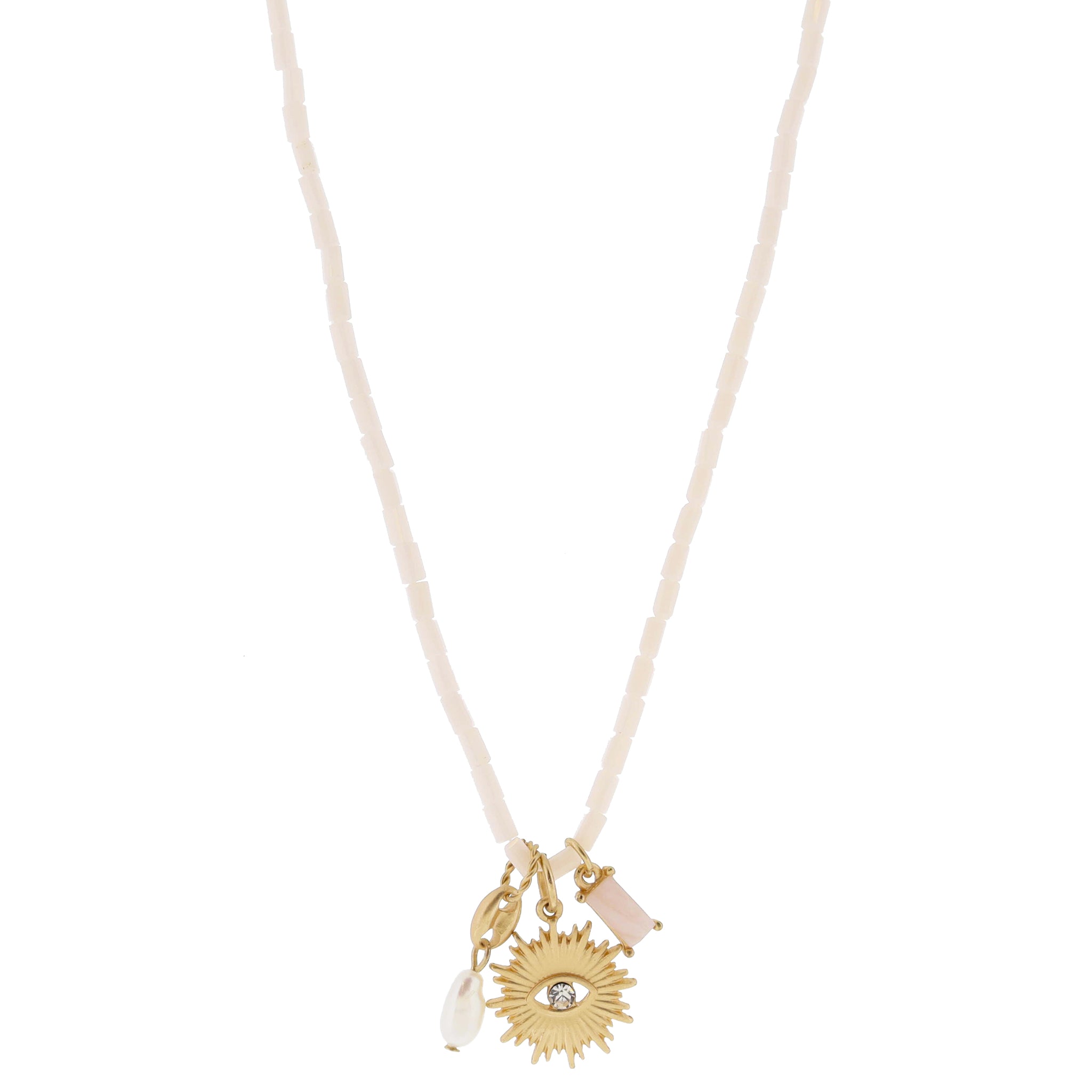 16" Peach Beaded, Gold Gucci Link & Pearl, Evil Eye, Rose Quartz Necklace, .75", .75", .35" Pendant