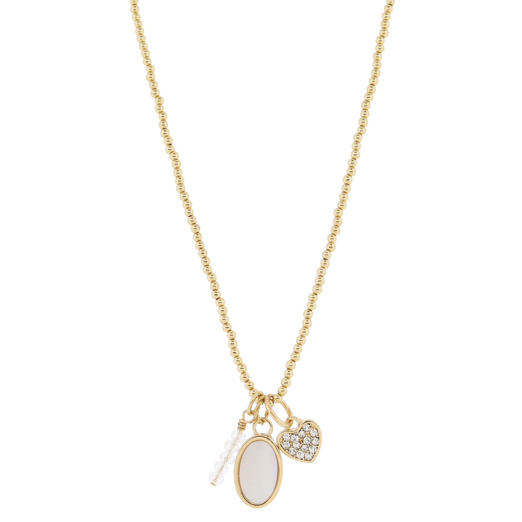 16" Gold Ball Beaded Bar, Shell Inlay Oval, Crystal Pave Heart Necklace, .75", .75", .5" Pendant