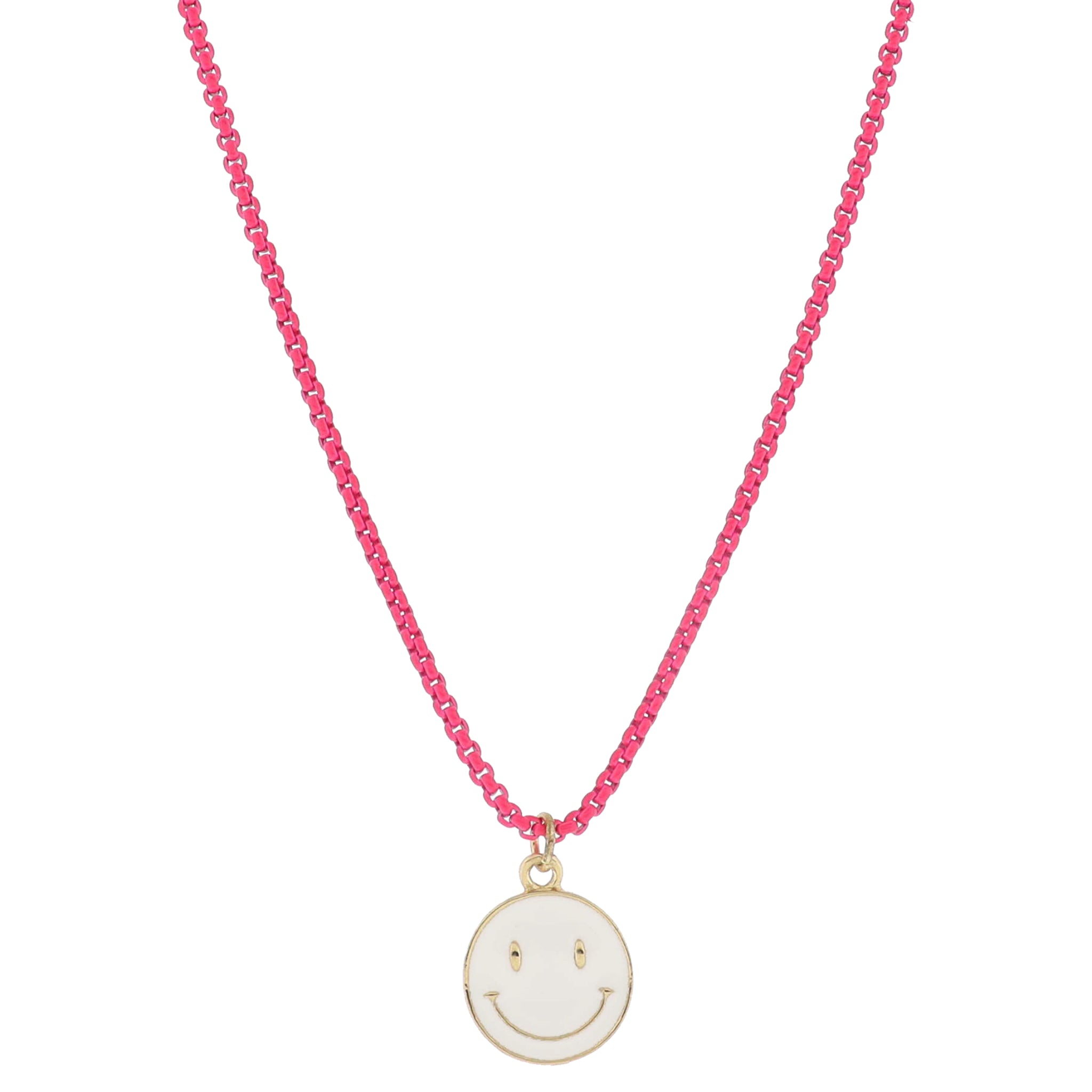 Kids Hot Pink Box Chain with White Enamel Happy Face Disc Necklace, .65" Pendant