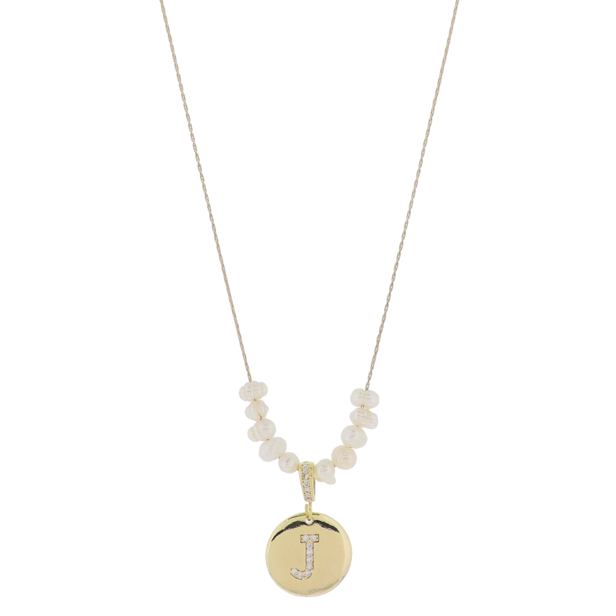 Small Freshwater Pearls and Pave Crystal Loop with Pave Crystal "J" Initial Gold Disc Adj. Necklace