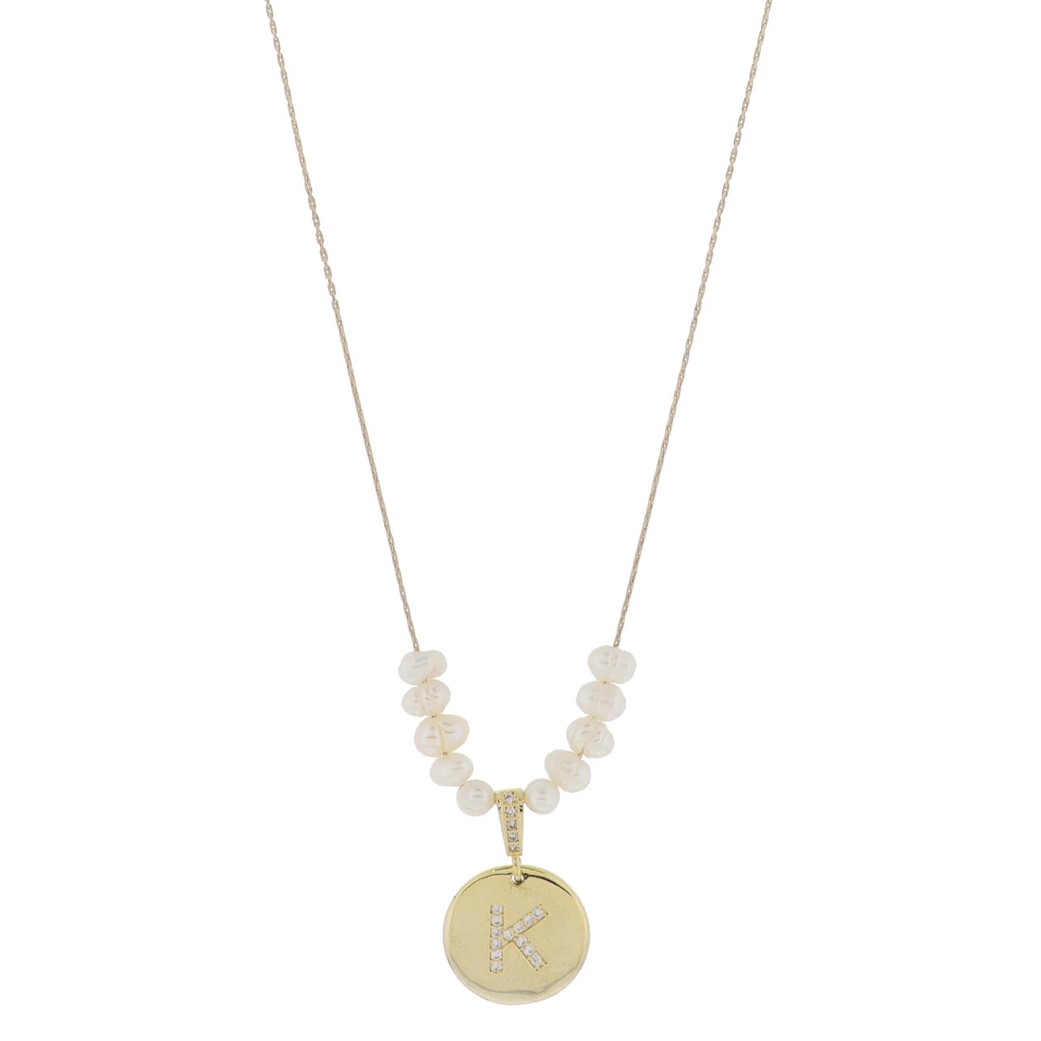 Small Freshwater Pearls and Pave Crystal Loop with Pave Crystal "K" Initial Gold Disc Adj. Necklace