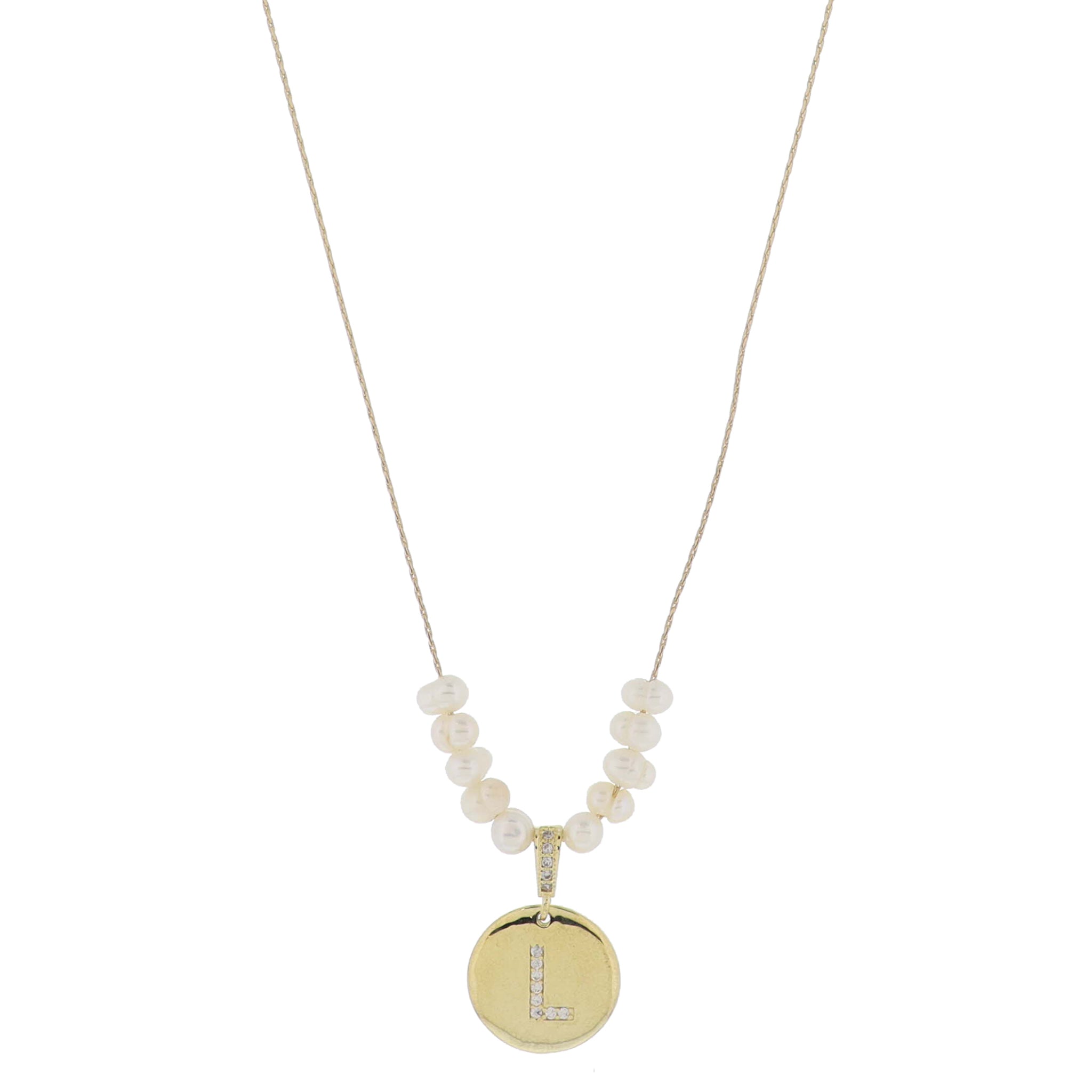 Small Freshwater Pearls and Pave Crystal Loop with Pave Crystal "L" Initial Gold Disc Adj. Necklace