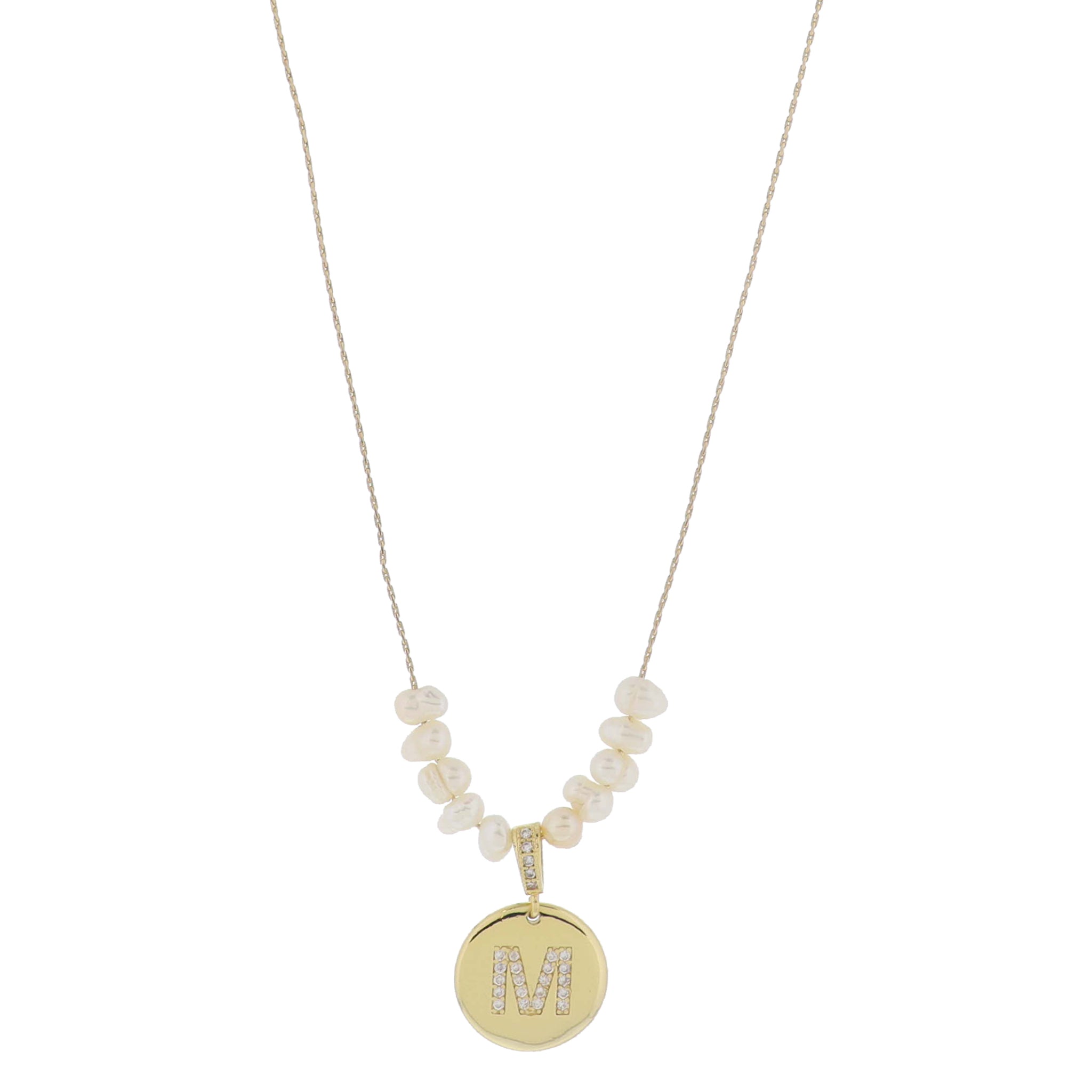 Small Freshwater Pearls and Pave Crystal Loop with Pave Crystal "M" Initial Gold Disc Adj. Necklace