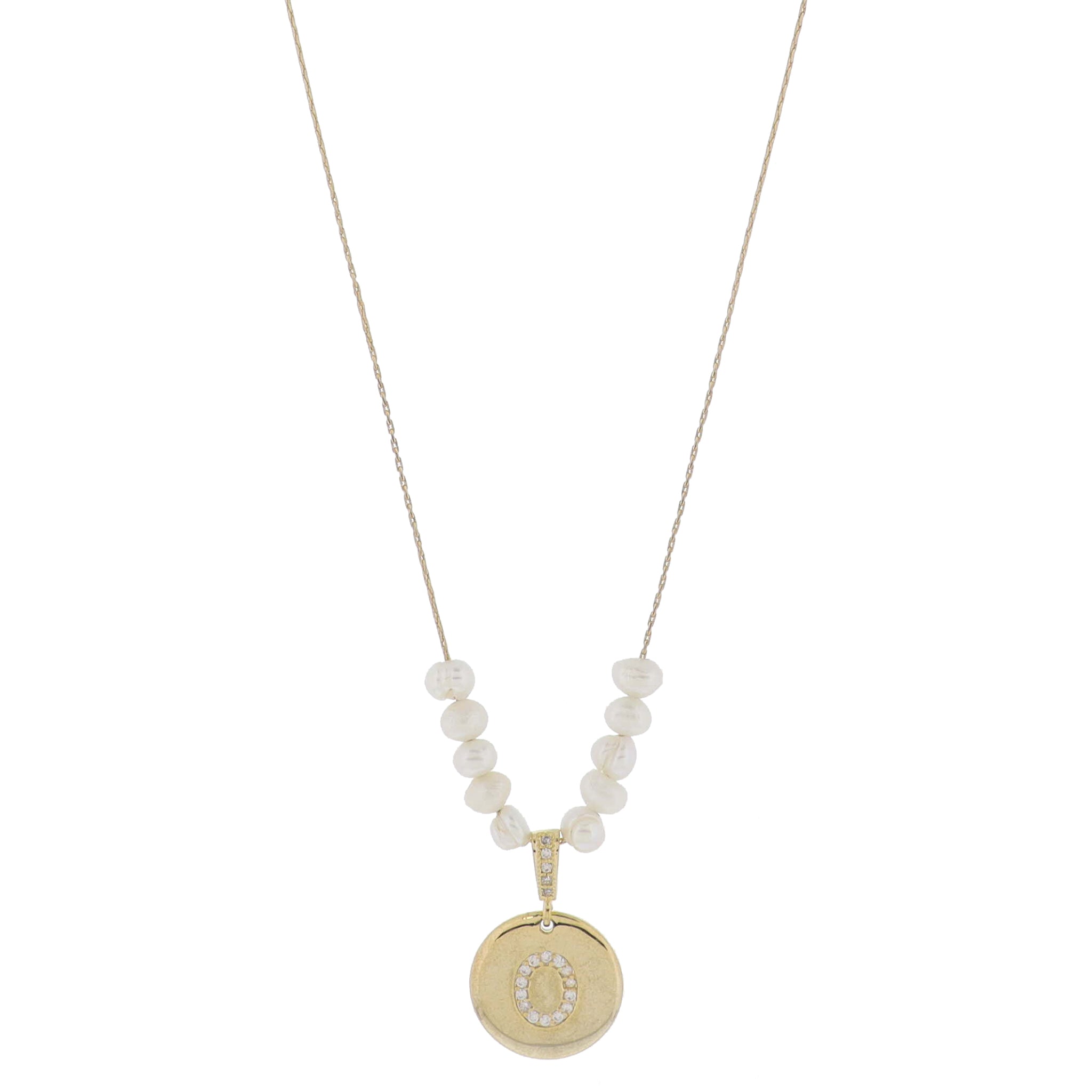 Small Freshwater Pearls and Pave Crystal Loop with Pave Crystal "O" Initial Gold Disc Adj. Necklace