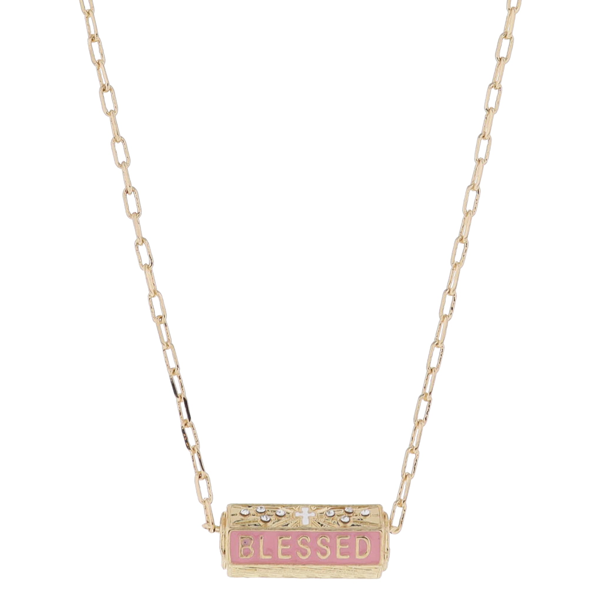 16" 6-Sided Cylinder Bar, White Cross with Crystals, Pink & Gold "BLESSED", Gold Necklace, 3" Ext