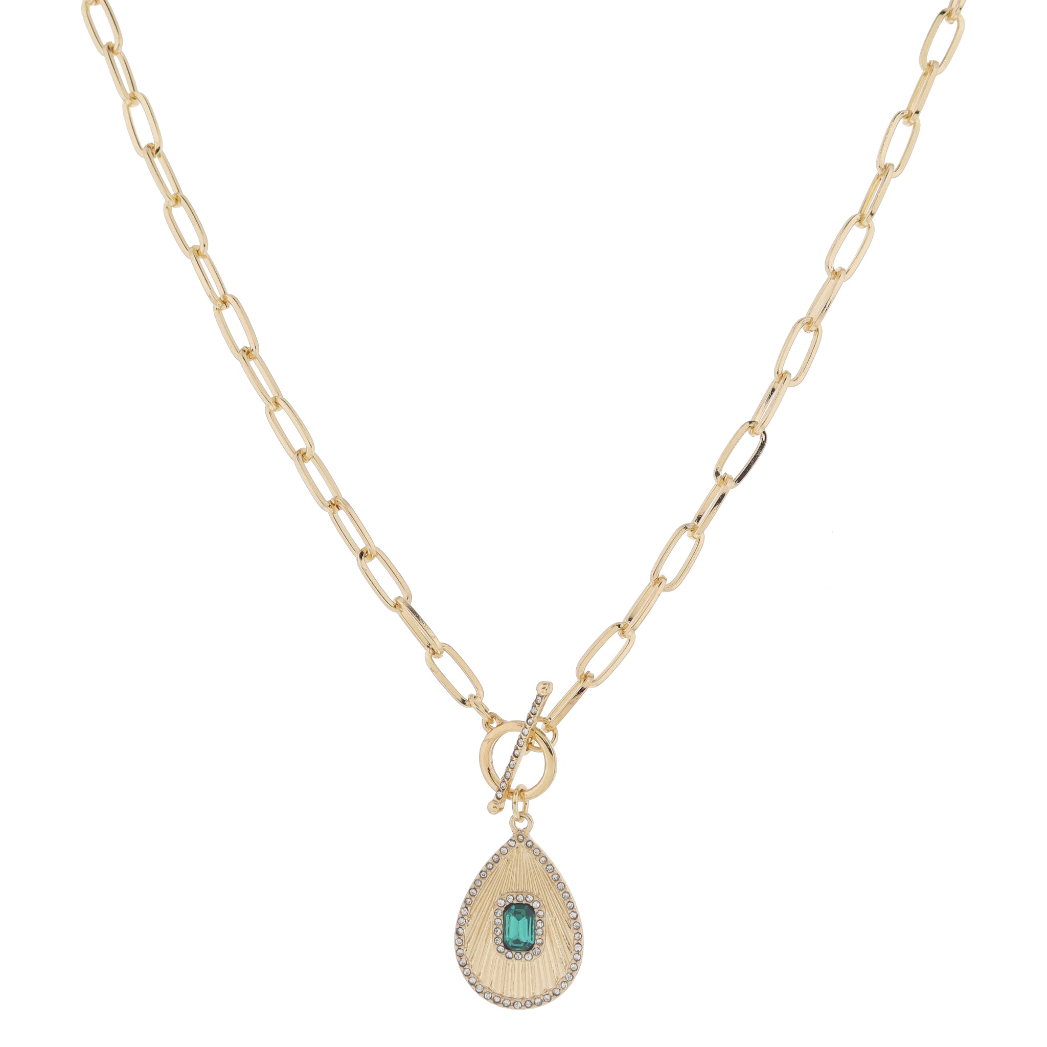 18" Crystal Toggle & Sunray Teardrop with Green Emerald Crystal & Crystal Edge Necklace, 3" Ext