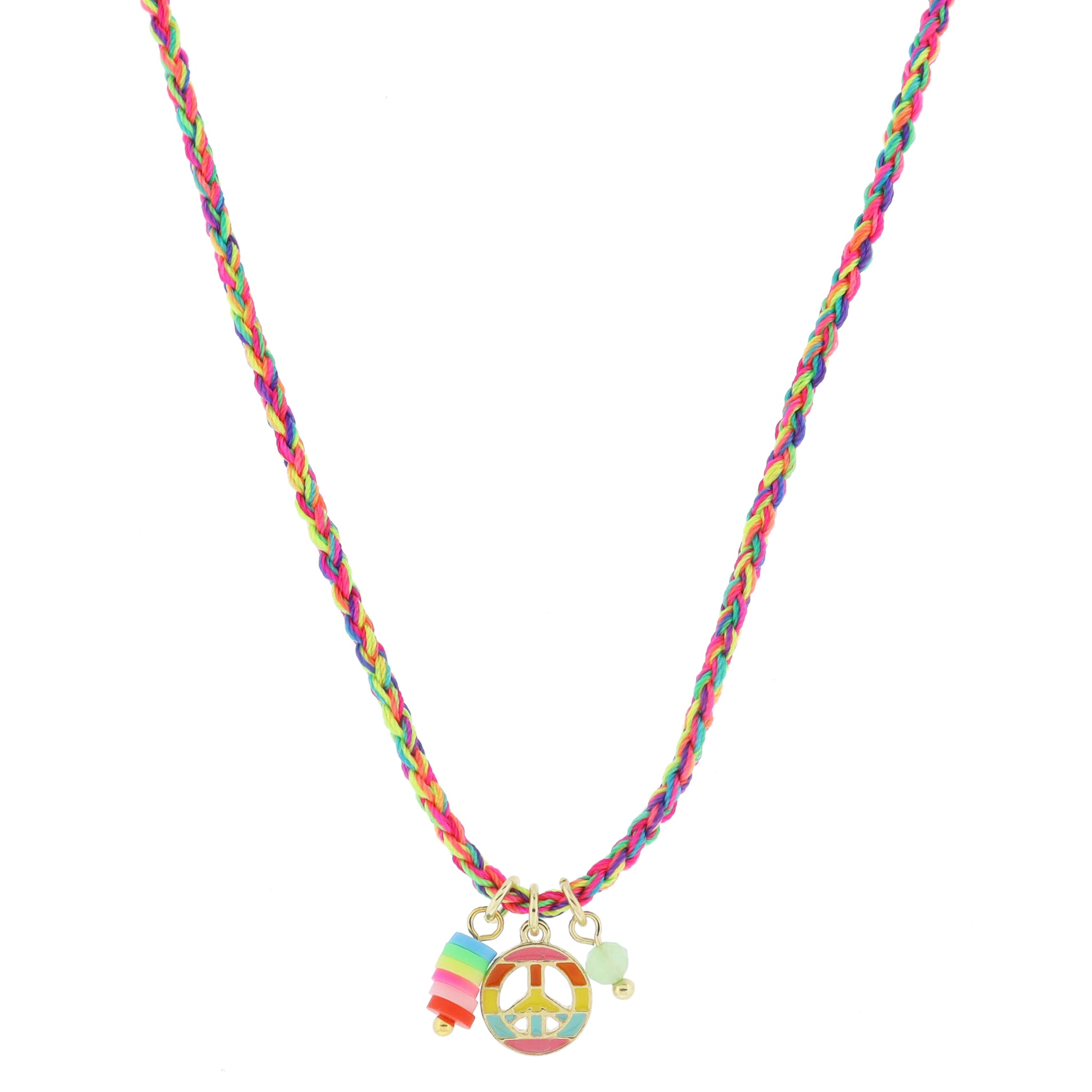 Kids 14" Multi Rubber Sequin Dangle, Multi Striped Peace Sign, Green Bead Charms Necklace, 3" Ext