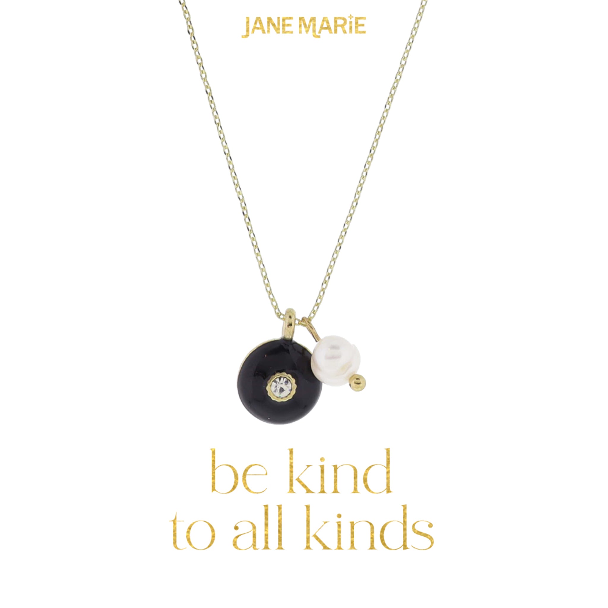 16" Black Enamel Circle with Mini Center Crystal and Pearl Dangle Necklace, 3" Ext
