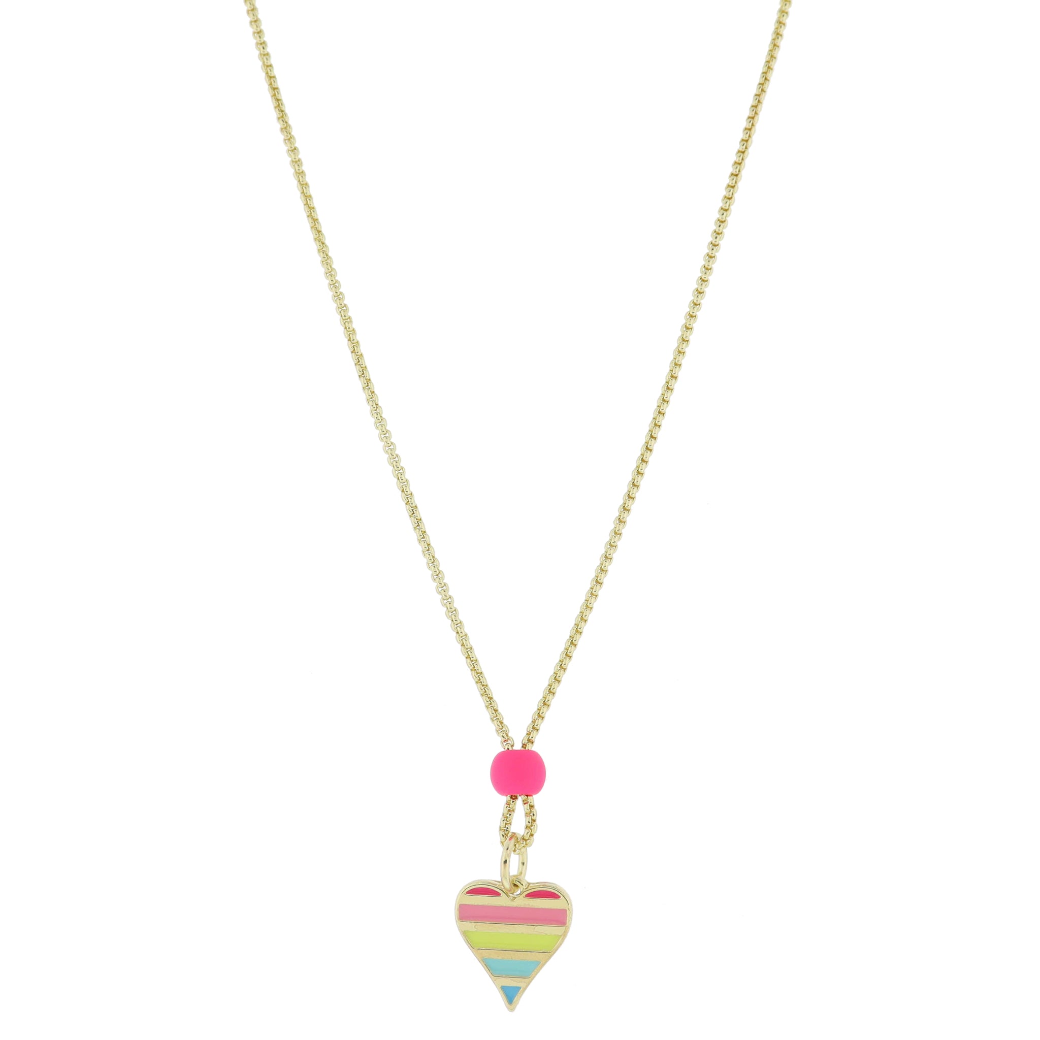 Kids 14" Gold Box Chain with Hot Pink Rubber Coated Bead and Multi Striped Heart Necklace, 3" Ext