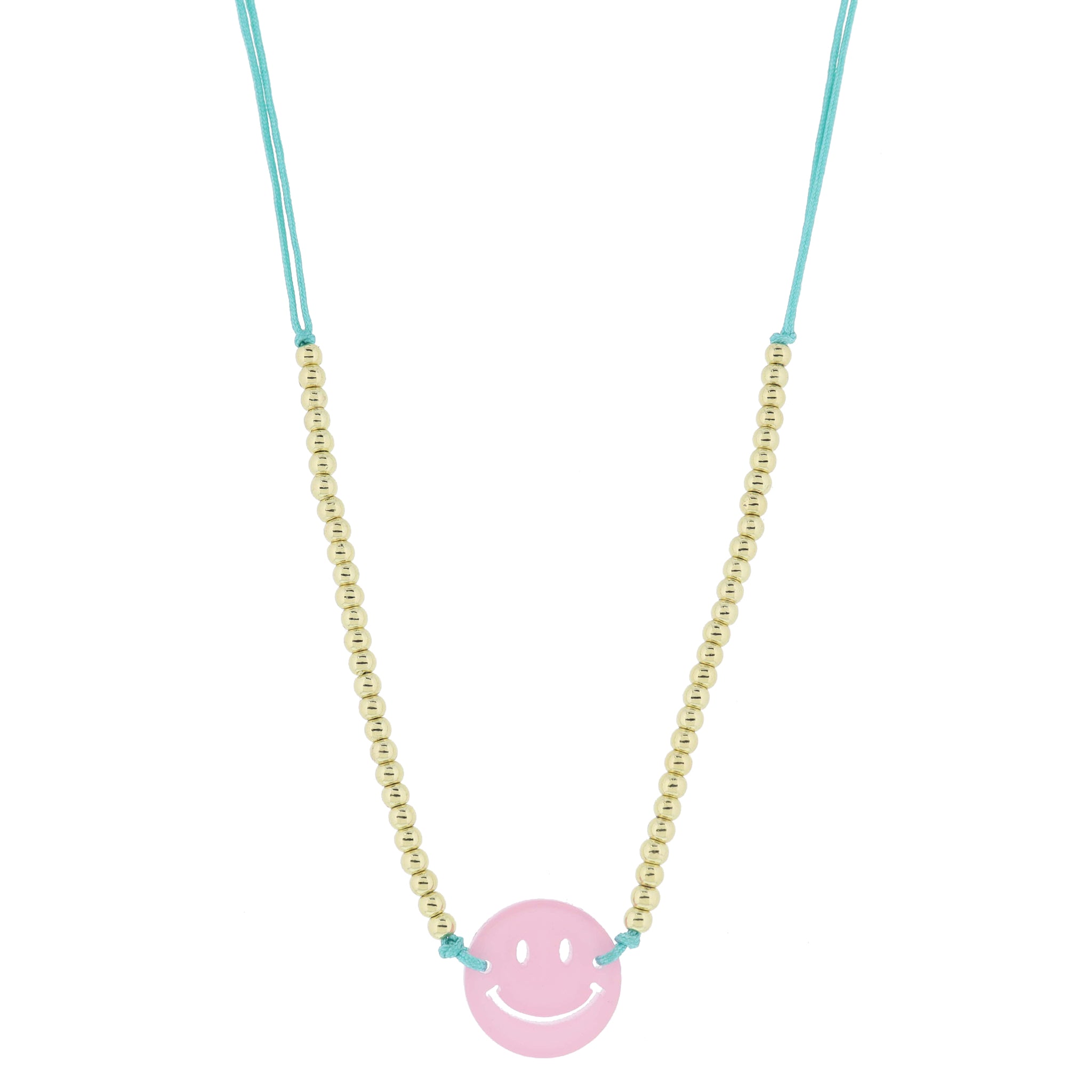 Kids Adj. Turquoise Cord with Mini Gold Ball Bead Portion & Light Pink Acrylic Happy Face Necklace