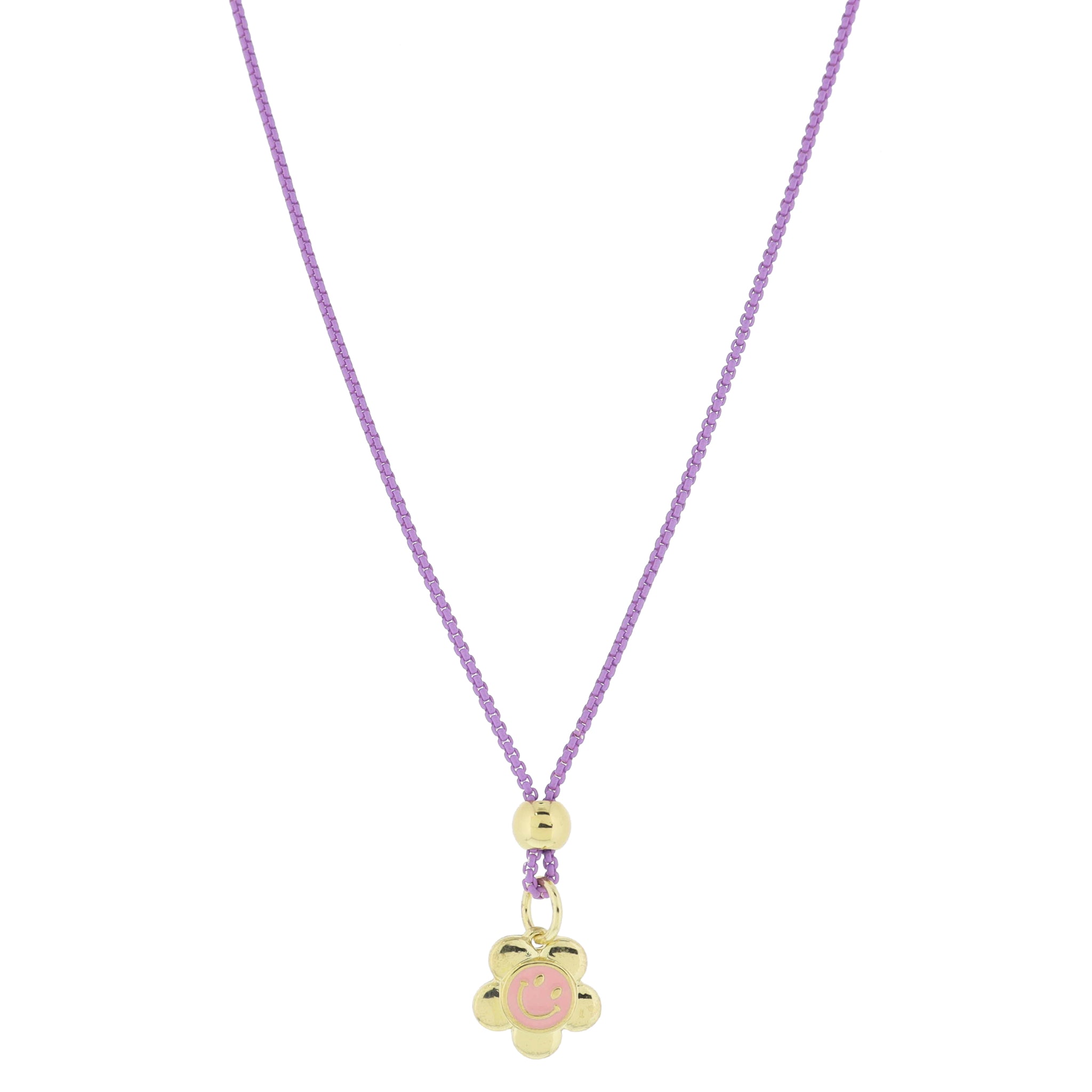 Kids 14" Lavender Box Chain with Gold Bead & Light Pink & Gold Happy Face Flower Necklace, 3" Ext