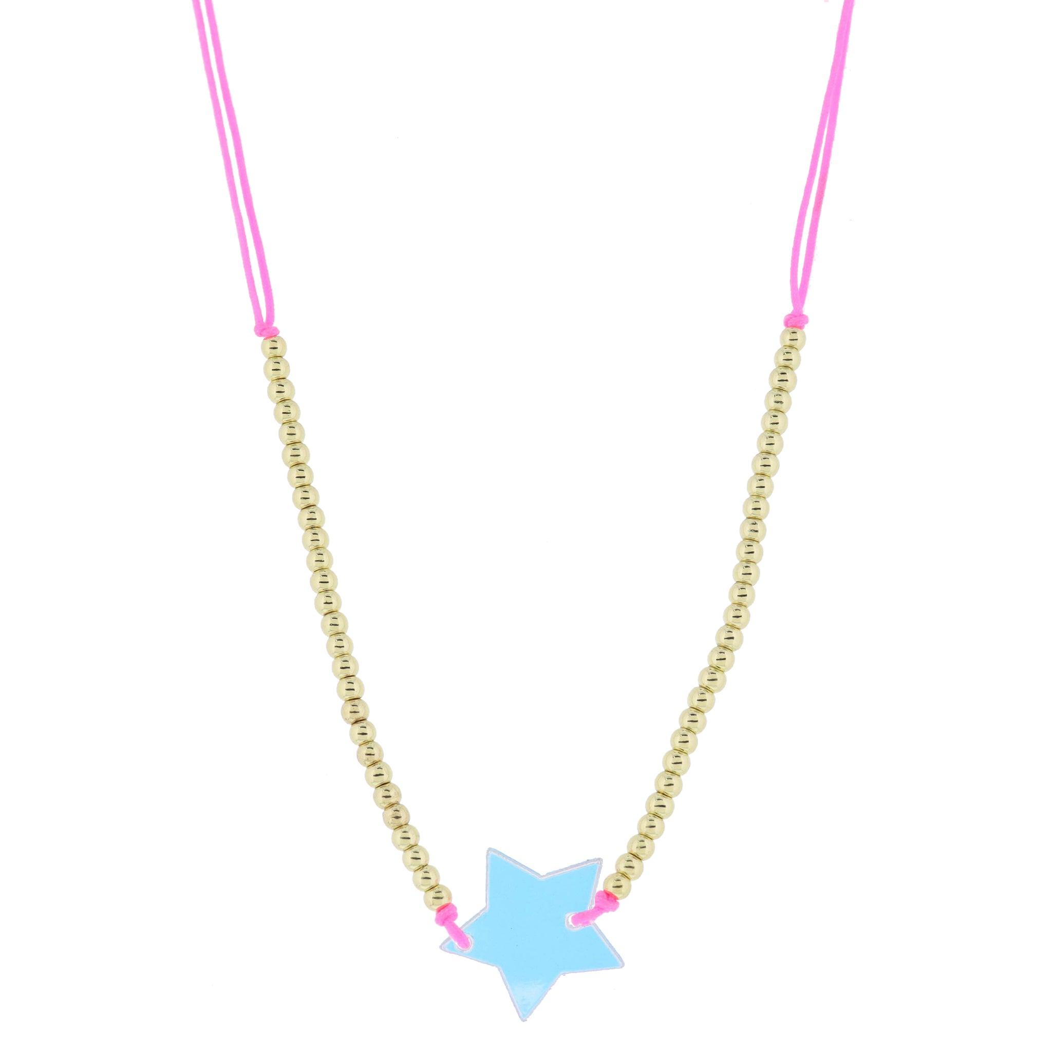 Kids Adj. Neon Pink Cord with Mini Gold Ball Bead Portion and Iridescent Acrylic Star Necklace