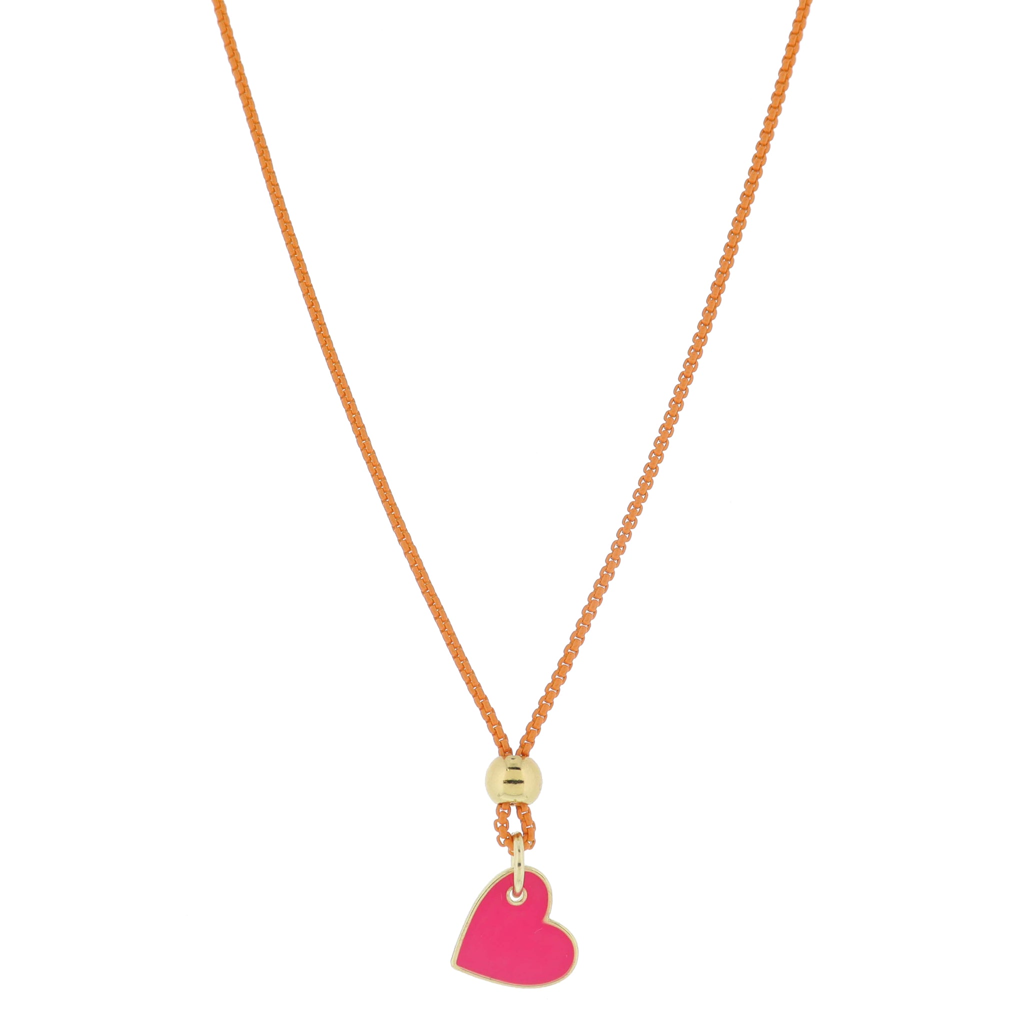 Kids 14" Orange Box Chain with Gold Bead and Hot Pink Enamel Sideways Heart Necklace, 3" Ext