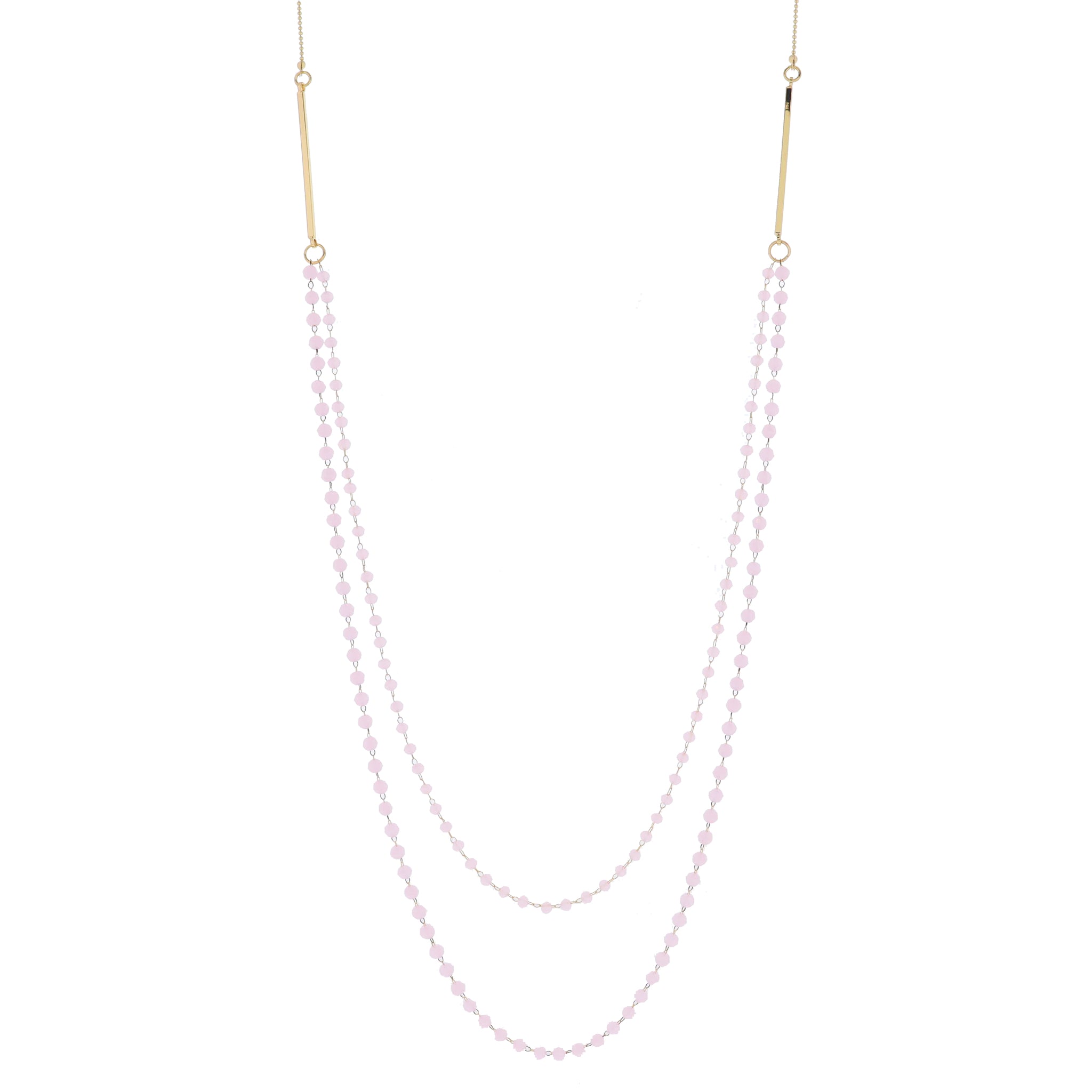 Gold Ball Chain with Gold Bars and 2 Strand Light Pink Faceted Beaded Link Chains Necklace, 3" Ext